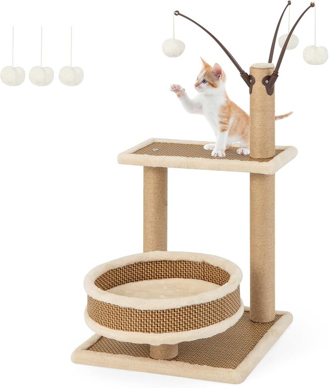 COSTWAY Torre para Gatos de Ratán, Árbol para Gatos de Interior con 3 Juguetes Colgantes, Árbol Rascador, Plataforma, Cama Espaciosa, Centro de Actividades con Tapete de Felpa (40 x 40 x 80 cm)
