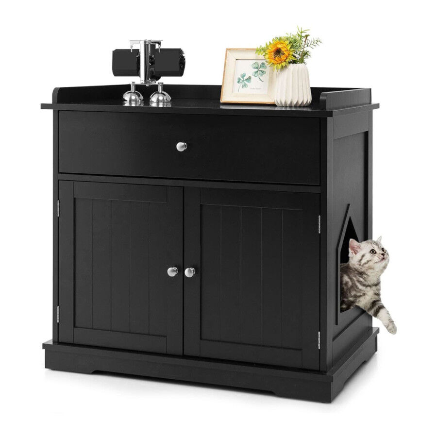 COSTWAY Mueble Cajón y 2 Puertas Negro para Gatos