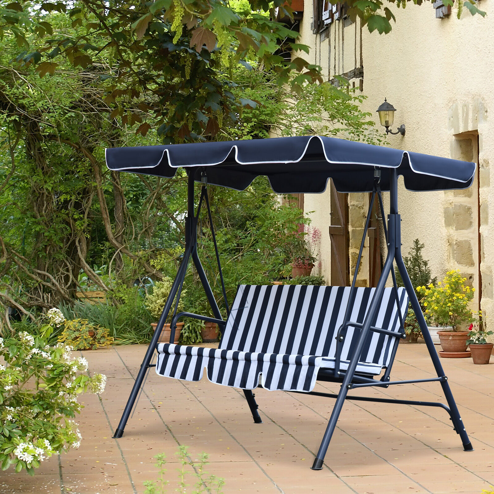 Outsunny Columpio Balanc&iacute;n de Jard&iacute;n Exterior de 3 Plazas con Coj&iacute;n Techo Ajustable y Marco de Metal para Balc&oacute;n Terraza Patio Carga M&aacute;x. 200 kg 172x110x153 cm Raya Azul, , large Imagen numero 2