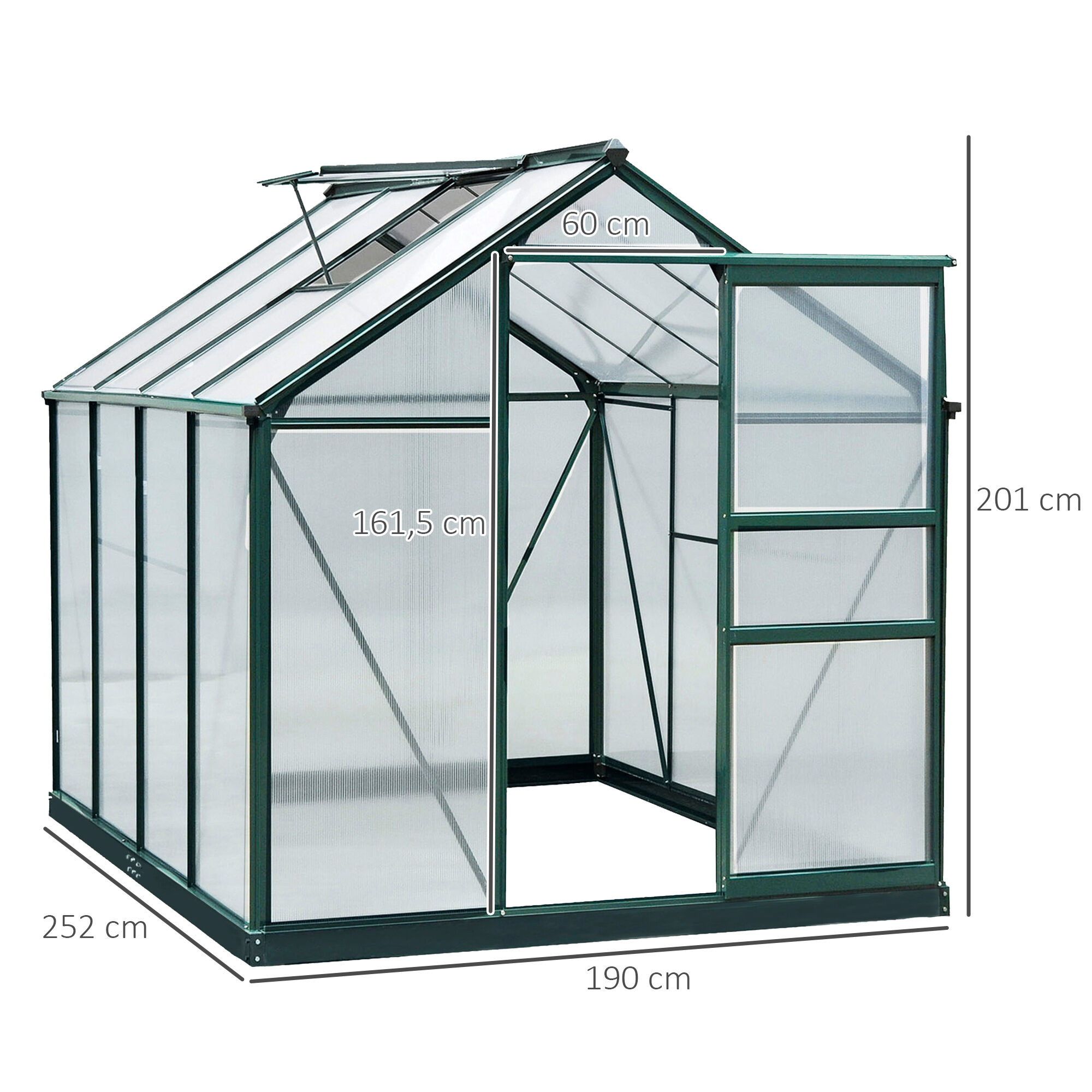 Outsunny Invernadero de Jard&iacute;n 2x2,5 m Policarbonato y Aluminio Vivero Casero con Tragaluz Protecci&oacute;n UV30 y Base 4,79 m&sup2; para Macetas Cultivo Plantas Flores Transparente, , large Imagen numero 3