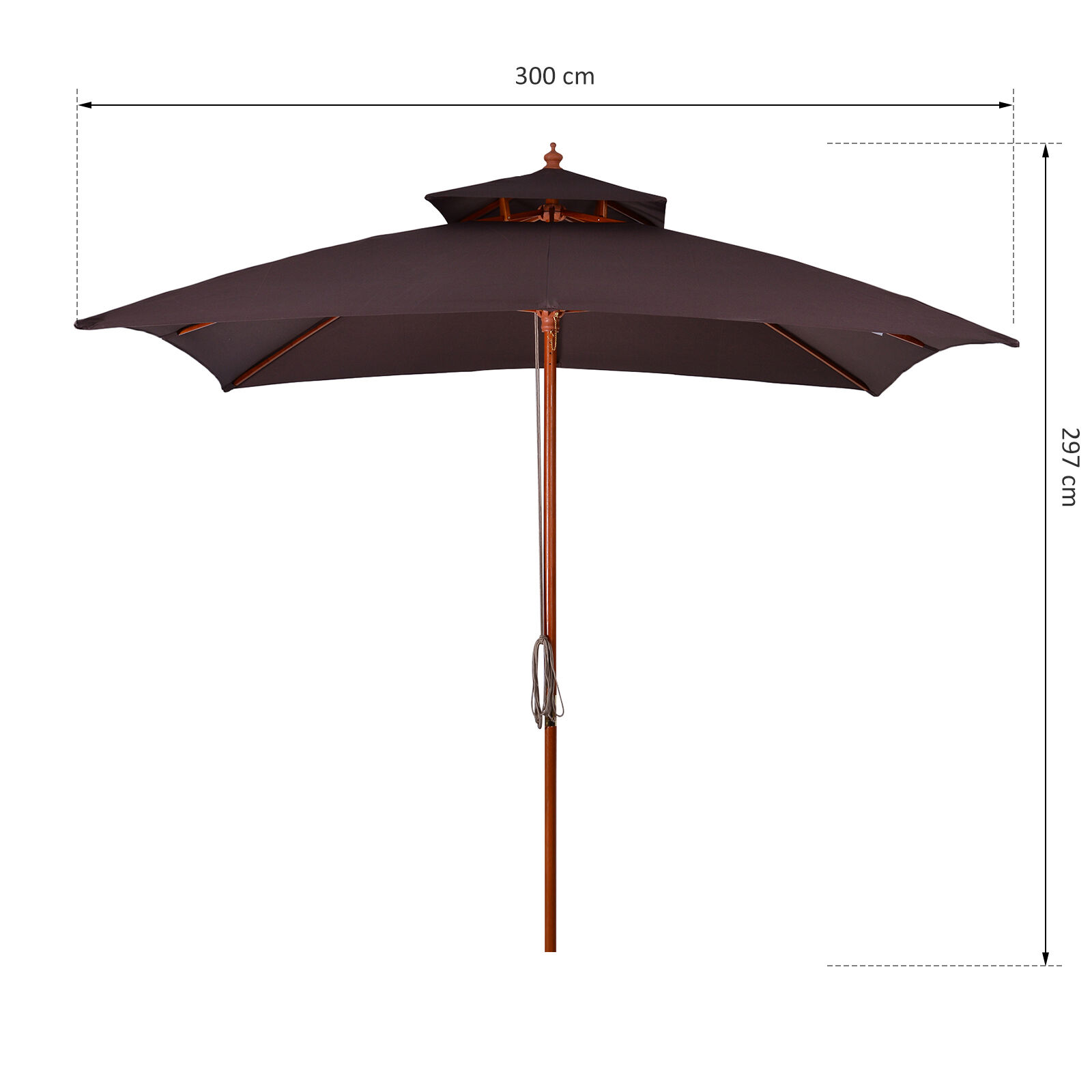 Outsunny Sombrilla de Jard&iacute;n 3x3x3 m Parasol de Jard&iacute;n de Bamb&uacute; con Doble Techo Sistema de Polea Impermeable para Terraza Balc&oacute;n Exterior Marr&oacute;n, , large Imagen numero 3