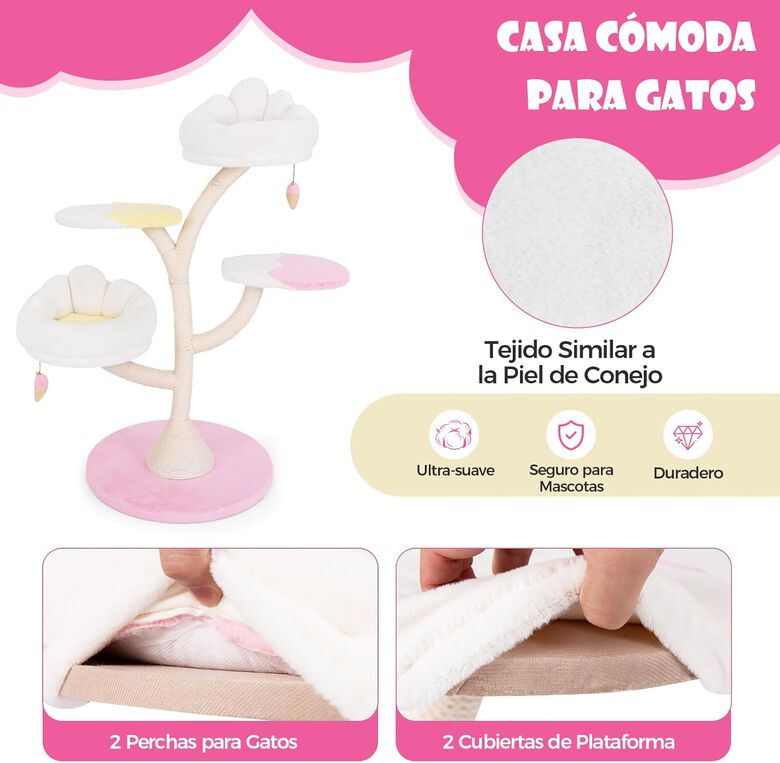 COSTWAY Árbol Rascador con dos plataformas blanco y rosa para Gatos thumbnail