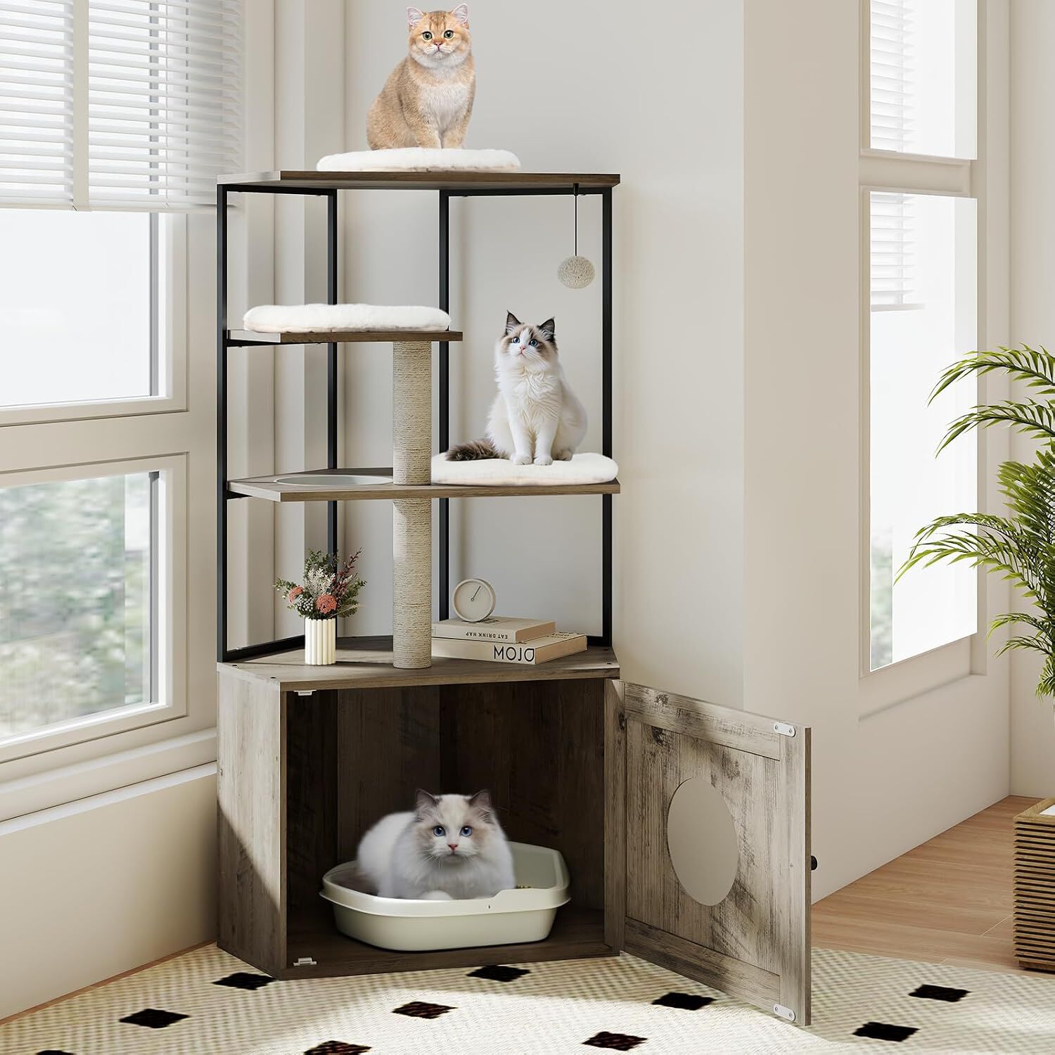 COSTWAY &aacute;rbol para gatos con armario para caja de arena, armario para gato para caja de arena, casa para gatos de madera, &aacute;rbol para gatos con postes de sisal, plataformas, abertura para gato y alfombrillas, mueble para gatos, Marr&oacute;n, , large Imagen numero 2