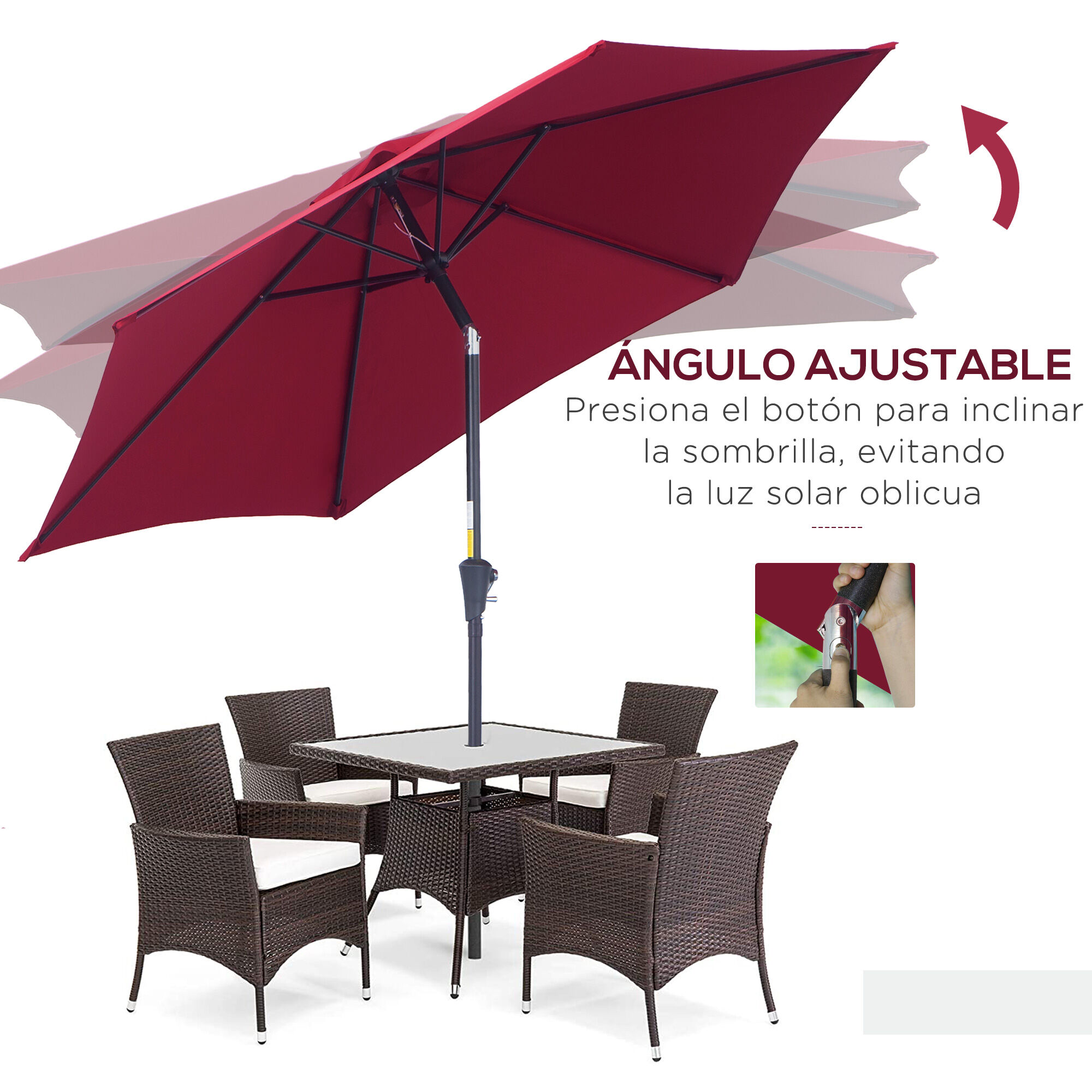 Outsunny Sombrilla para Jard&iacute;n &Oslash;260x235 cm Parasol de Aluminio con Reclinable con Manivela y 6 Varillas para Terraza Exterior Balc&oacute;n Rojo, , large Imagen numero 5