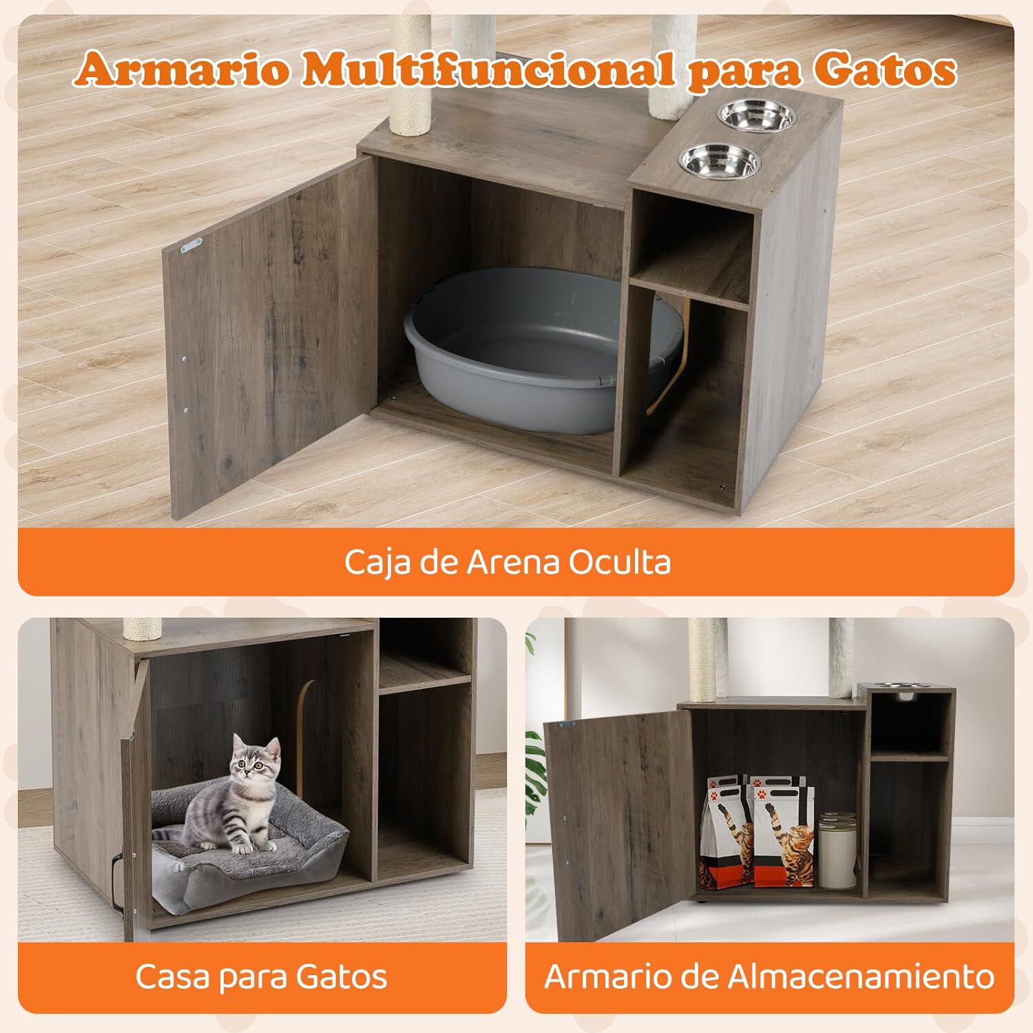 COSTWAY &Aacute;rbol Rascador con Caja de Arena para Gatos, Mueble Arenero Gatos con Poste y Alfombrilla Rascadora de Sisal, Pelota, Ba&ntilde;o Oculto, 2 Comederos, Caja de Arena Oculta Gato (Gris + Blanco), , large Imagen numero 4