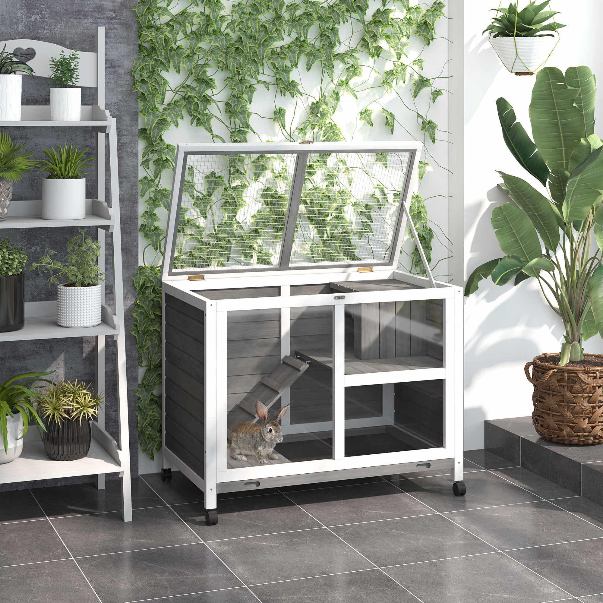 PawHut Conejera de Madera con 2 Pisos Marrón para Conejos thumbnail