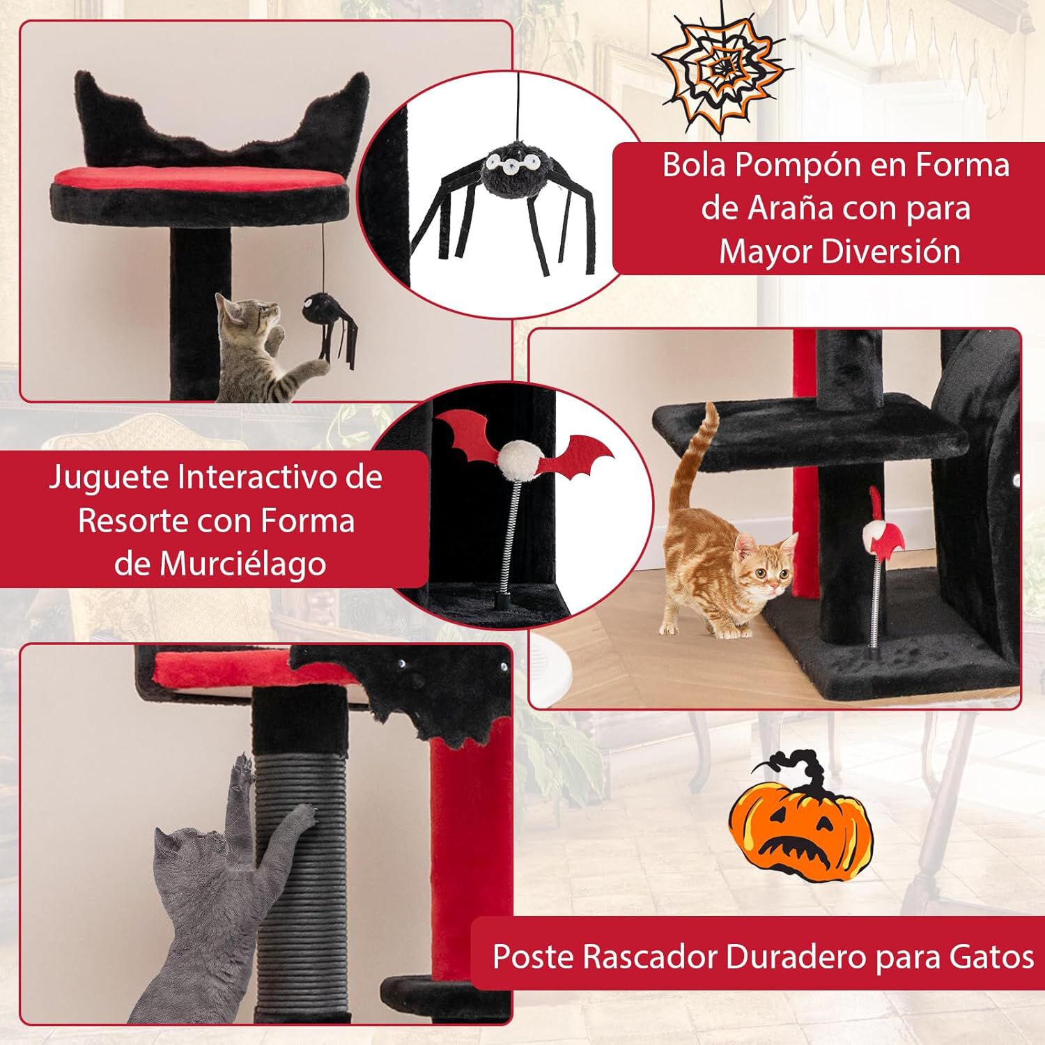 COSTWAY &Aacute;rbol Rascador para Gatos G&oacute;tico, 134 cm Torre para Gatos de 6 Niveles con Cama, Condominio, Postes Rascadores, Pomp&oacute;n y Bola de Resorte, Centro de Actividades para Gatitos de Interior, , large Imagen numero 4
