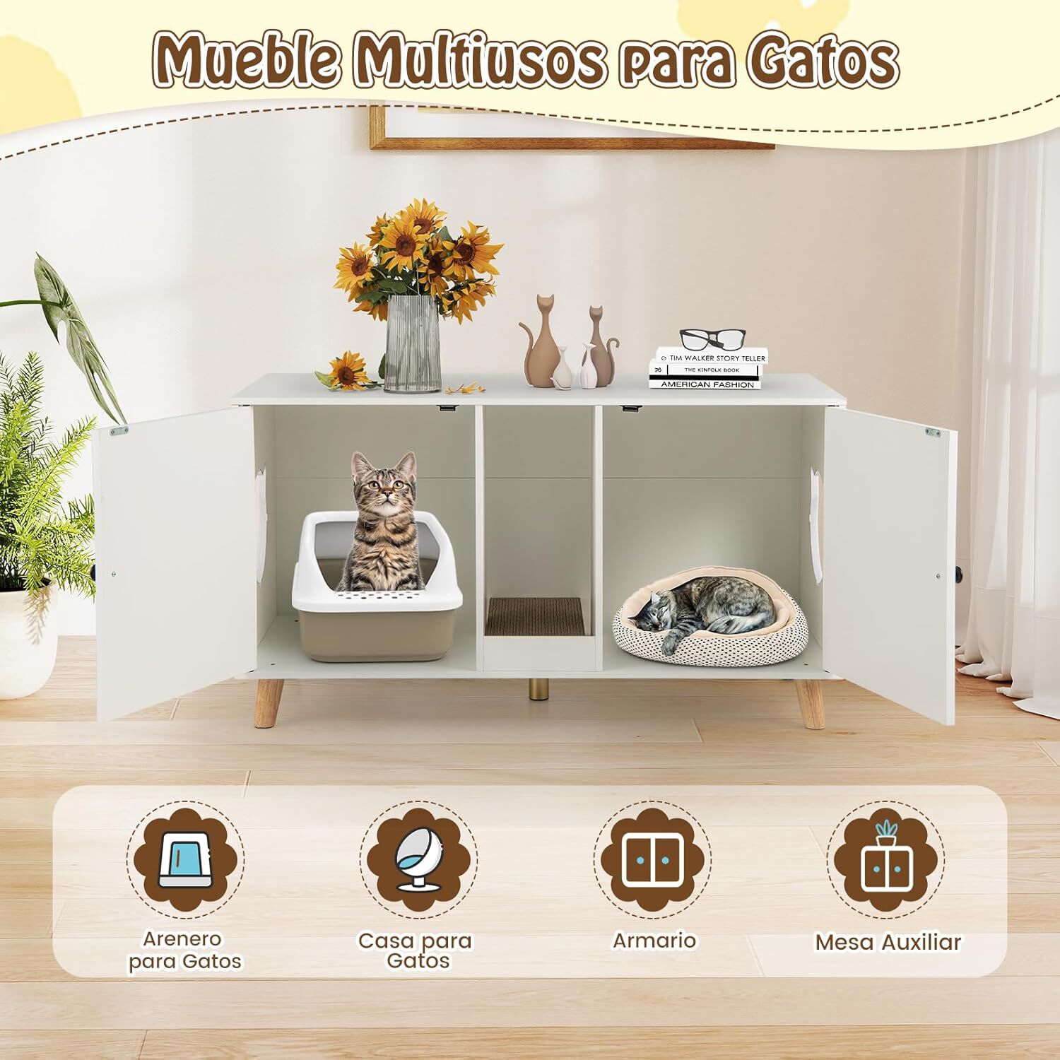 COSTWAY Mueble Arenero para Gatos, Mueble Oculto para Gatos con 2 Habitaciones, 2 Alfombrillas Rascadoras de Sisal, Tabla de Rascar, Casa de Gatos de Interior para Salón Dormitorio (Blanco) thumbnail