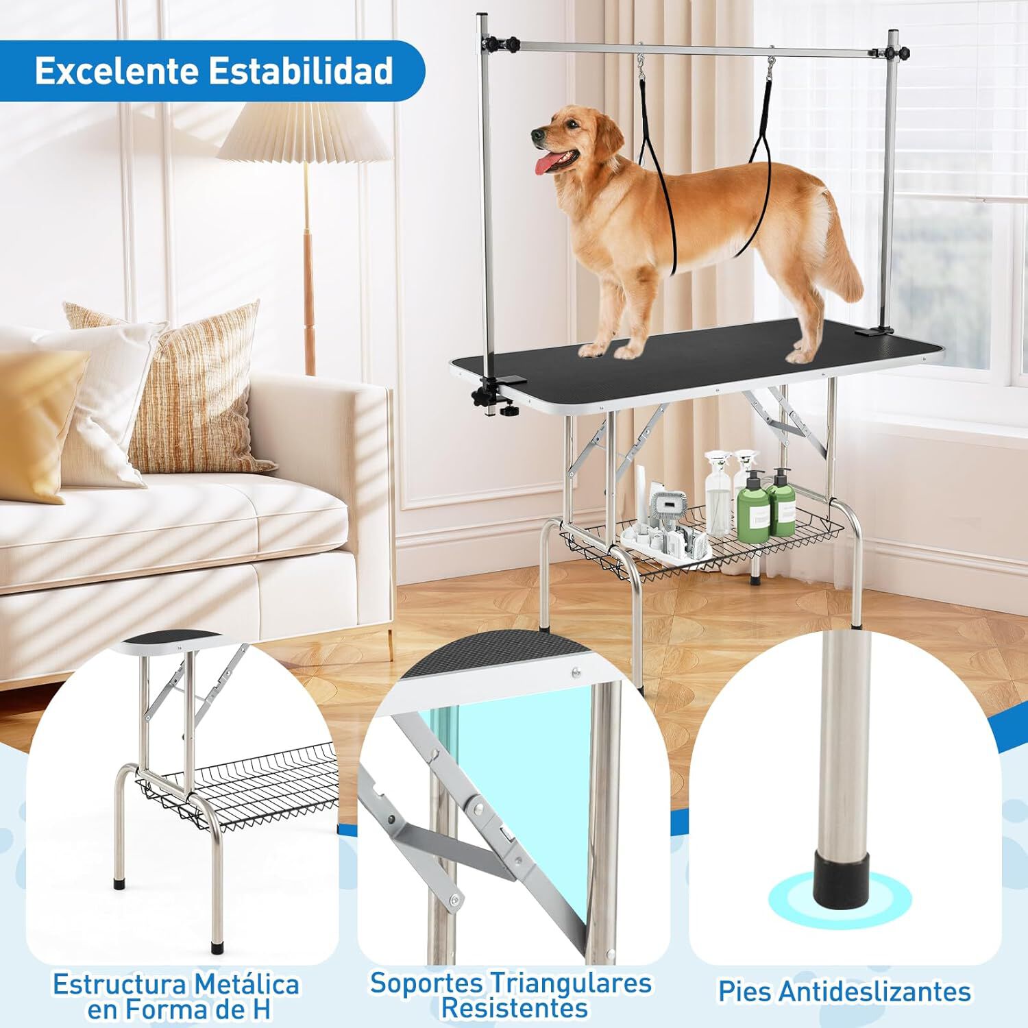 COSTWAY Mesa de Peluquer&iacute;a para Mascotas, Estaci&oacute;n de Aseo Plegable con Brazos Ajustables en Altura, Bandeja de Malla y Correas, Superficie Antideslizante e Impermeable, 125 x 61 x 162,5 cm, , large Imagen numero 4