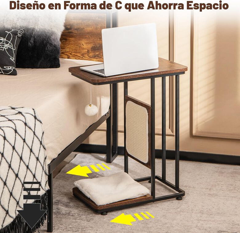 COSTWAY 4 en 1 Árbol para Gatos y Mesa Auxiliar en Forma de C con Cojín Lavable Marrón Rústico para gatos thumbnail