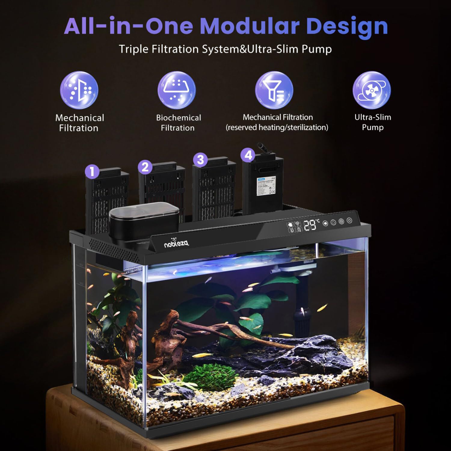 Nobleza Acuario Inteligente 30L - Control por App/Google Assistant/Alexa - Pecera Inteligente con Triple Filtración, Alimentación Remota, Drenaje Automático en 1 Toque - Color Negro thumbnail