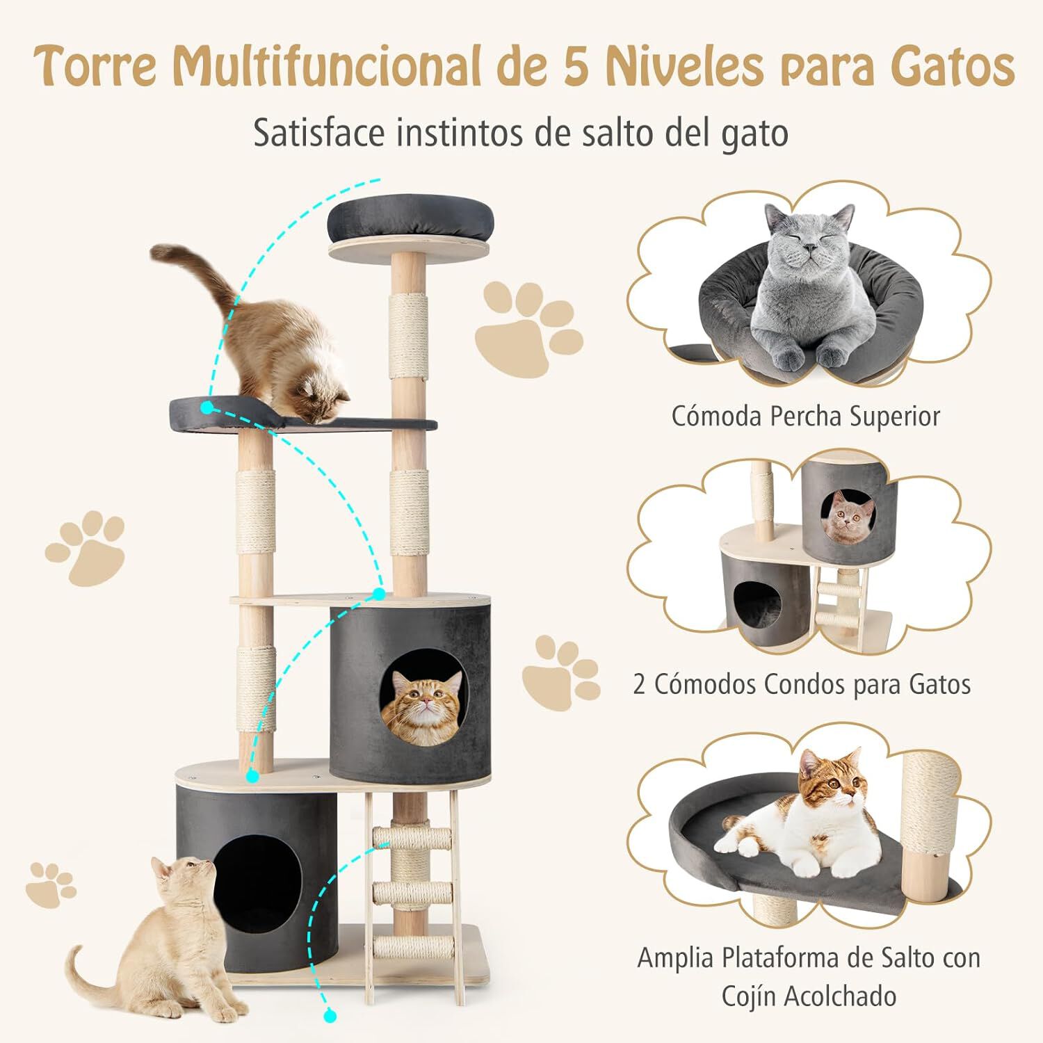 COSTWAY &Aacute;rbol Torre para Gatos, Mueble para Gatos de Varios Niveles con 2 Condominios, Percha, Postes Rascadores, Escalera Recubierta de Sisal, Centro de Actividades de Madera para Gatitos, , large Imagen numero 3