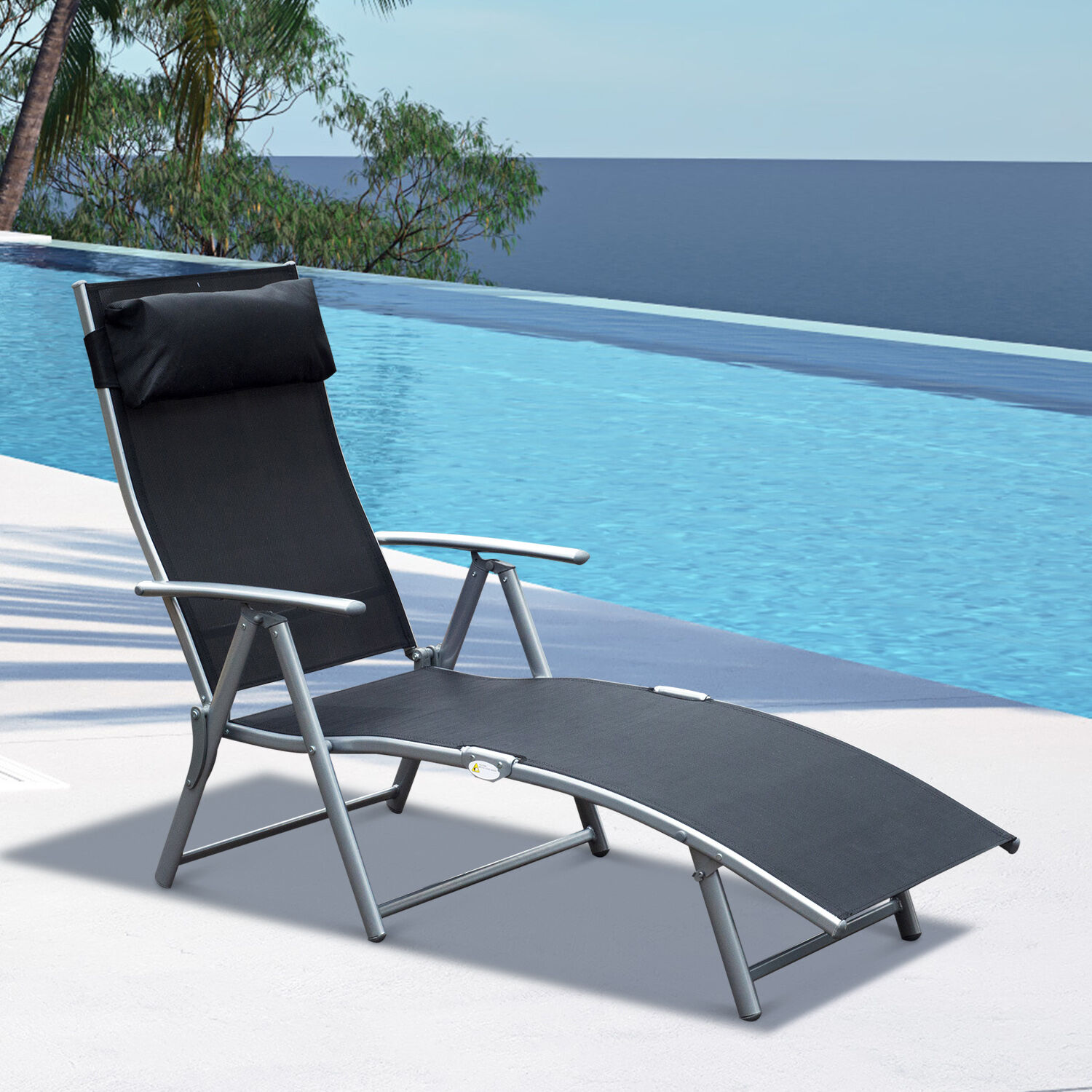 Outsunny Tumbona Plegable Tumbona de Jard&iacute;n con Respaldo Ajustable en 7 Niveles Almohada y Reposabrazos Carga 165 kg para Piscina Terraza Camping 137x63,5x100,5 cm Negro, , large Imagen numero 2