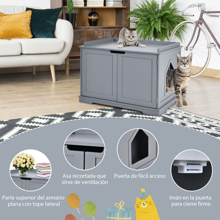 COSTWAY Casita para Gatos, Arenero para Gatos, Casita para Mascotas, Casa para Gatos, Recinto con Hoyo para Gatos, Caja para Animales con Estructura de Madera Resistente (Gris), , large Imagen numero 4