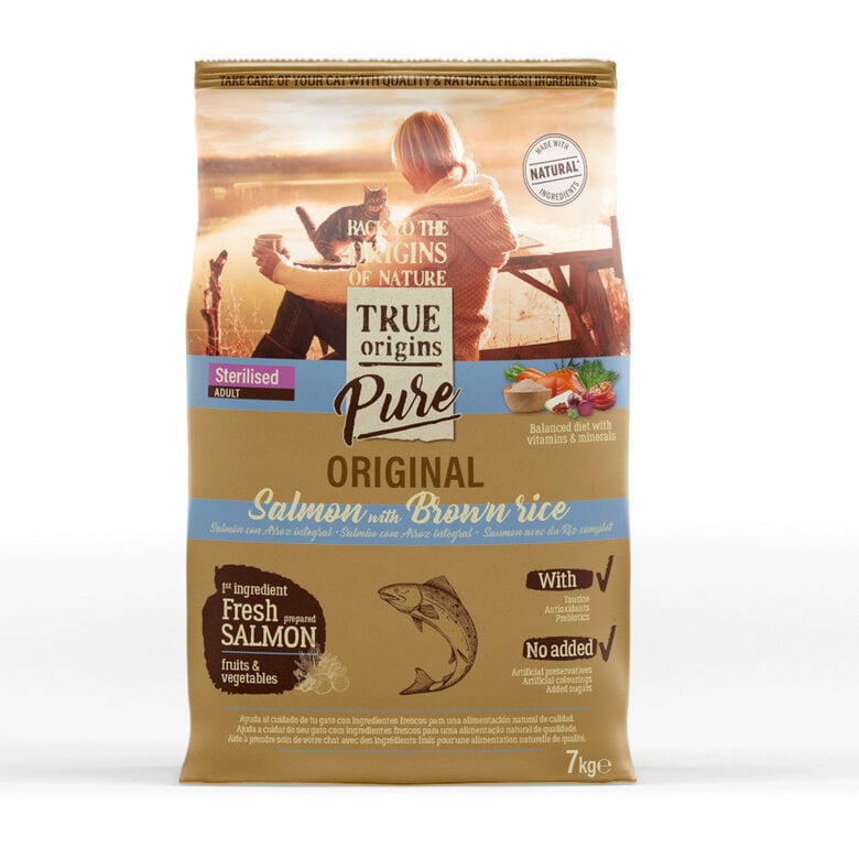 2 kg True Origins Pure Adult Sterilised Salmón pienso para gatos