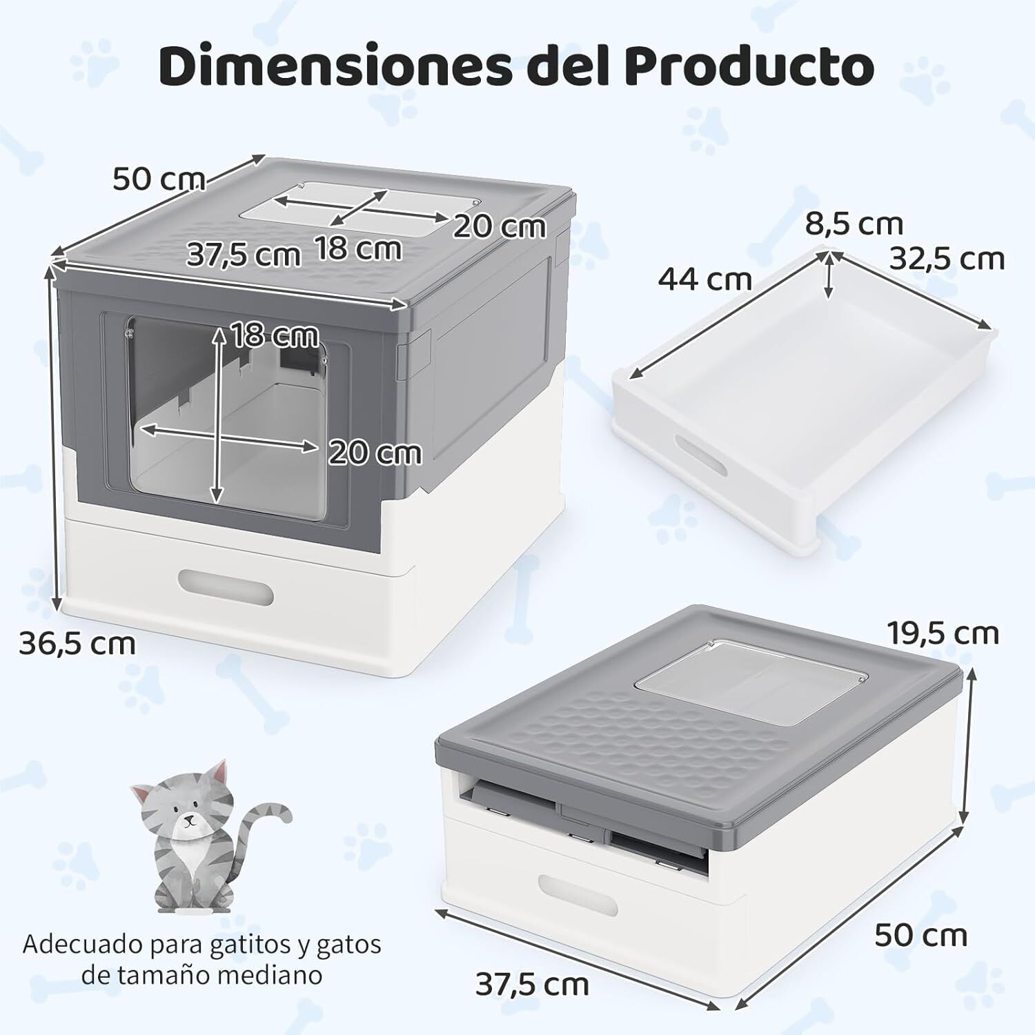 COSTWAY Arenero para Gatos Cubierto, Caja de Arena para Gatos Grande con Entrada Frontal y Salida Abatible, Bandeja Port&aacute;til, Caj&oacute;n, Arenero Cerrado Plegable para Gato, 50x38x37 cm (Gris + Blanco), , large Imagen numero 5