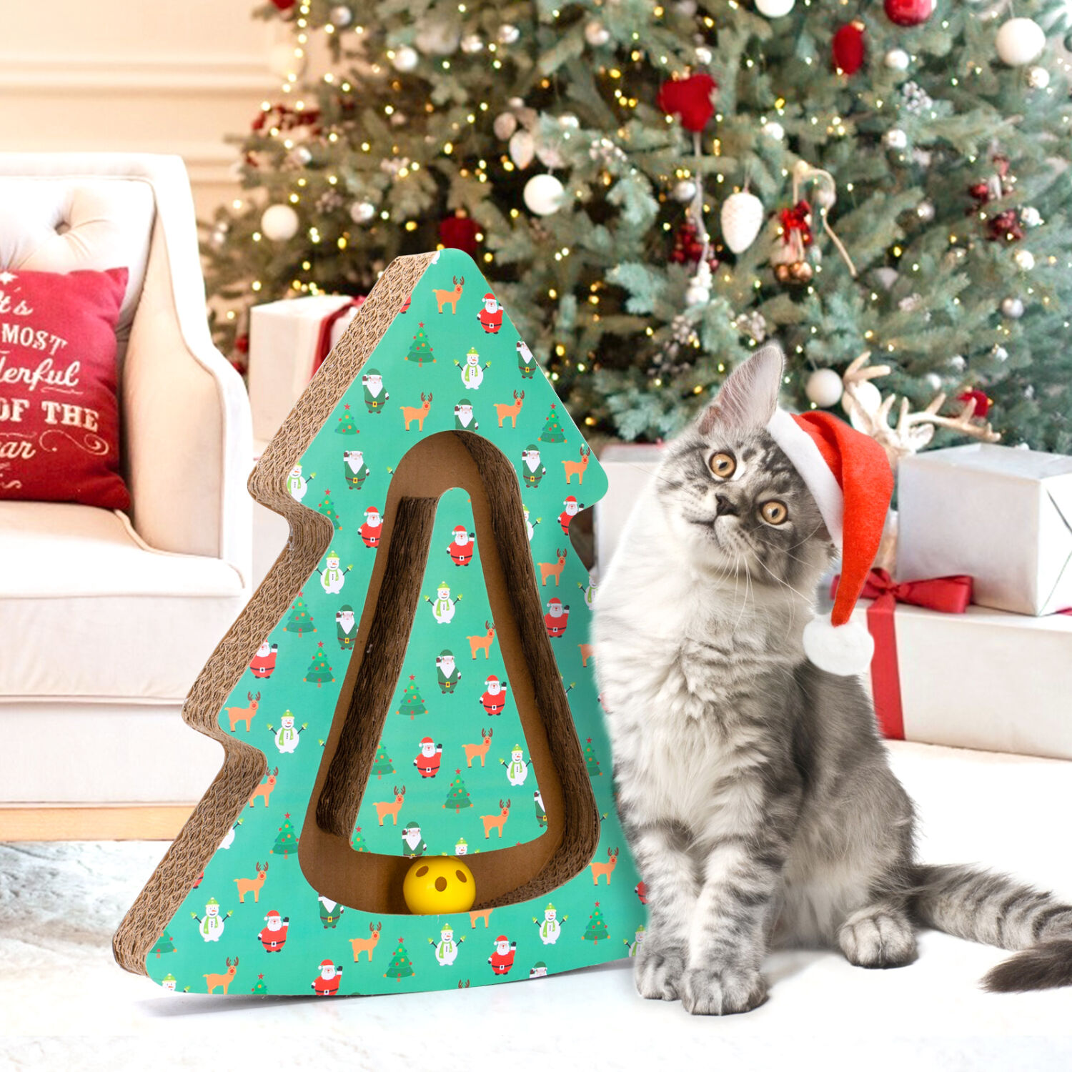 Nobleza Rascador para Gatos con Hierba Gatera,Cat ara&ntilde;azos cart&oacute;n con Bola de Campana,Cart&oacute;n Rascador de Gatos,Forma de &aacute;rbol de navidad,34*38.5*5.5cm, , large Imagen numero 5