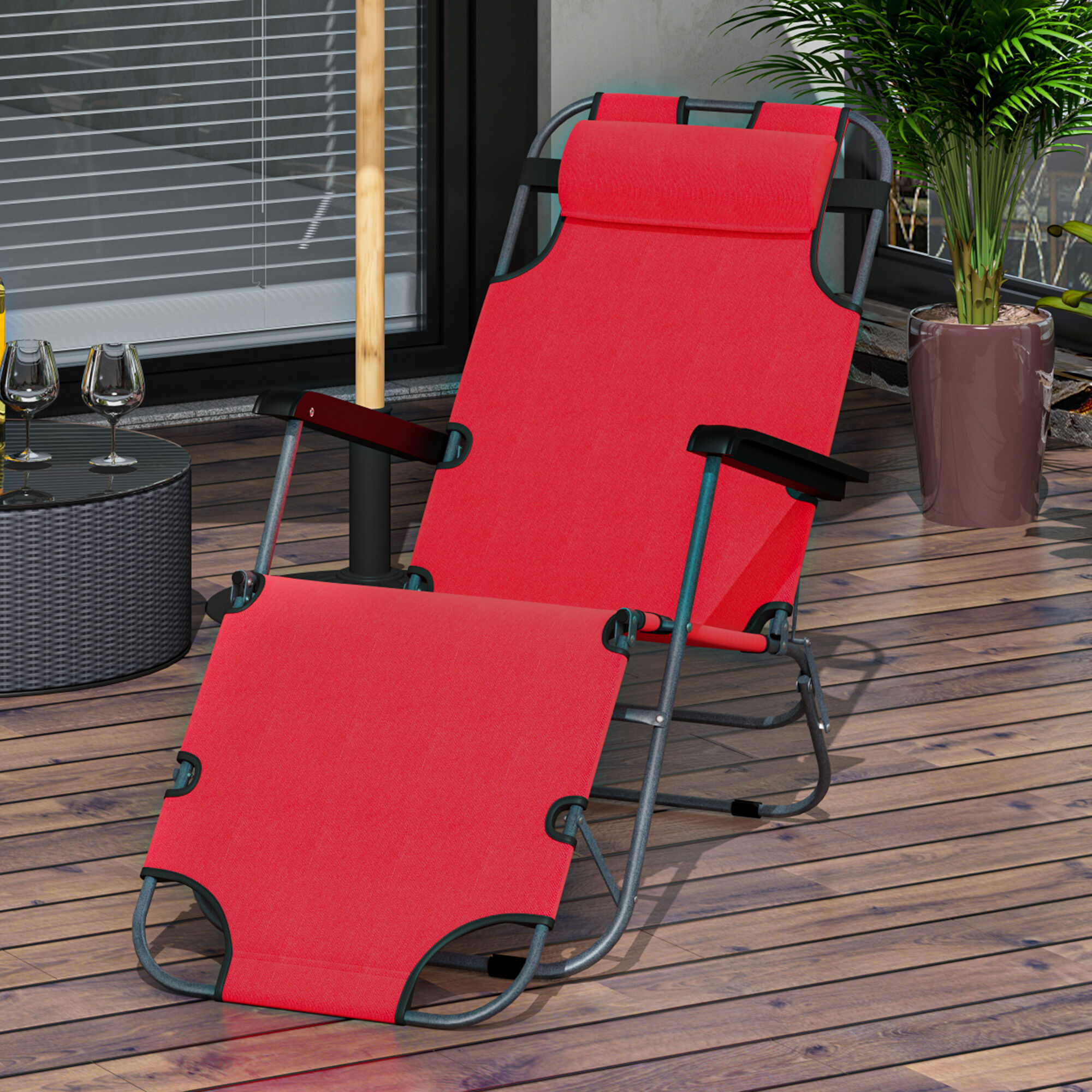 Outsunny Tumbona Reclinable y Plegable Silla de Playa Tumbona Relax Plegable con Respaldo Ajustable Reposabrazos Almohada y Reposapi&eacute;s para Jard&iacute;n Balc&oacute;n Carga 136 kg 135x60x89 cm Rojo, , large Imagen numero 2