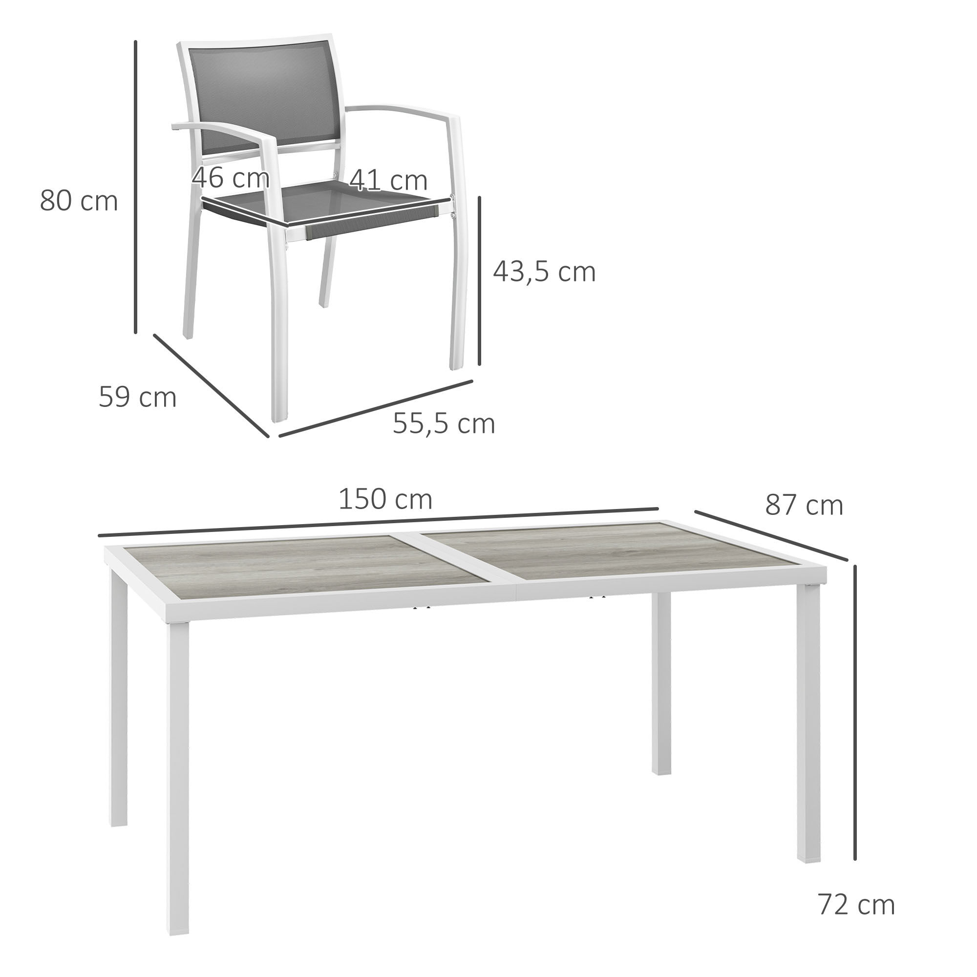 Outsunny Conjunto de Comedor de Exterior Juego de Comedor de Jard&iacute;n de 7 Piezas con 1 Mesa y 6 Sillas Apilables Estilo Moderno para Terraza Patio Blanco y Gris, , large Imagen numero 3