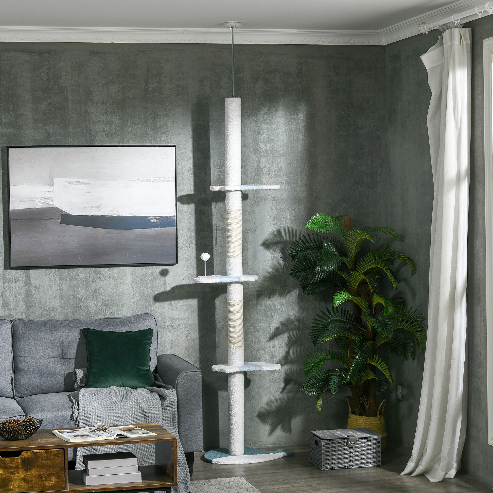 PawHut Árbol Rascador de Suelo a Techo Blanco para gatos thumbnail