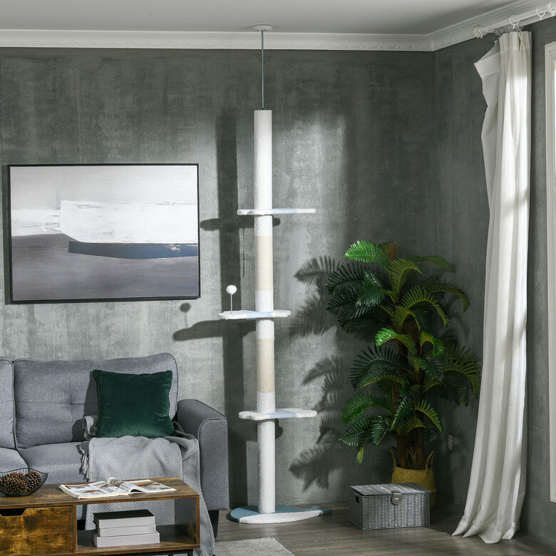 PawHut Árbol Rascador de Suelo a Techo Blanco para gatos thumbnail