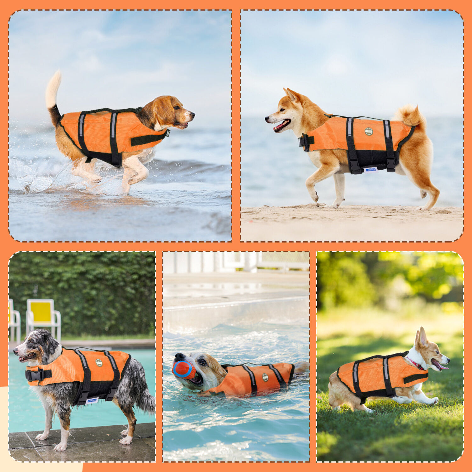 Nobleza - Chaleco Salvavidas para Perros， Flotador Perro con Tiras Reflectantes， Chaleco de Nataci&oacute;n para Perro con Alta Flotabilidad y Mango de Rescate Duradero para Nadar， Surf， Navegar， Naranja(S), , large Imagen numero 4