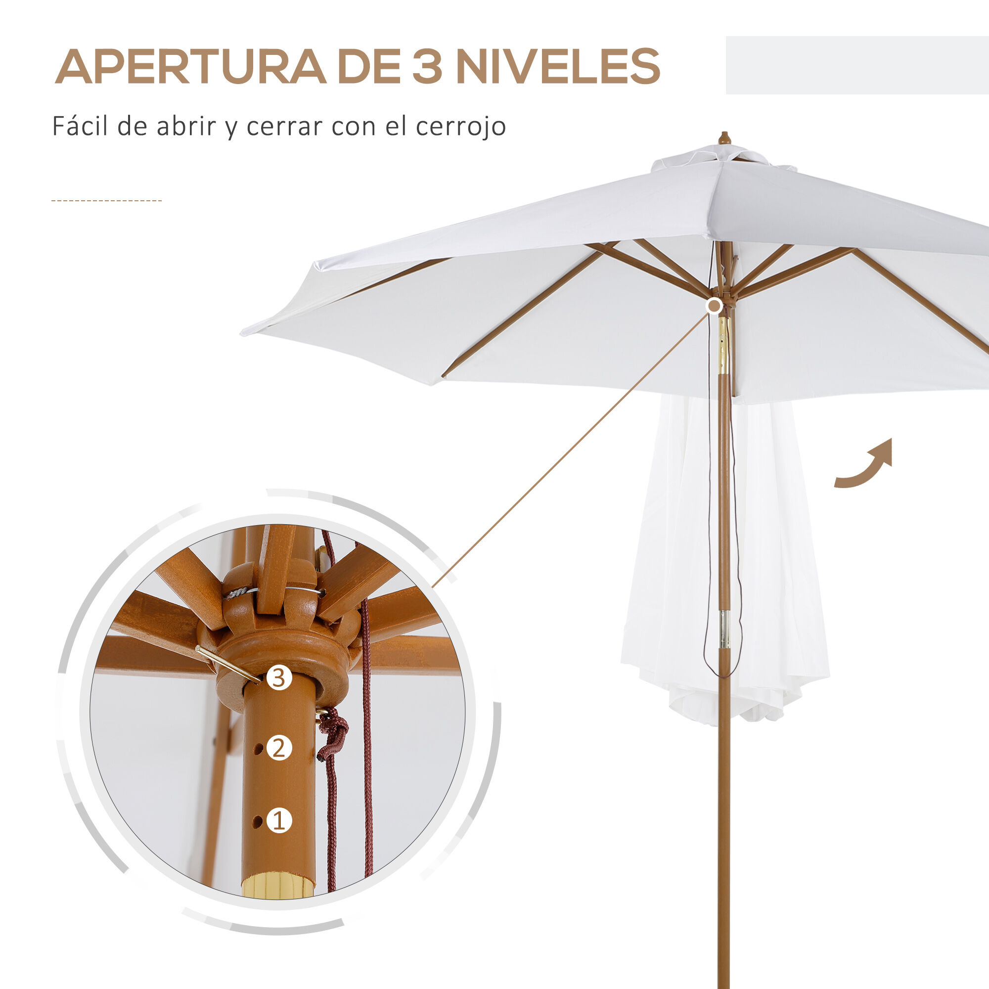 Outsunny Sombrilla Parasol de Madera Grande &Oslash;300x250cm para Exterior Jard&iacute;n Patio Altura Ajustable en 3 Niveles Desmontable Port&aacute;til F&aacute;cil de Guardar y Transportar Color Marfil, , large Imagen numero 4