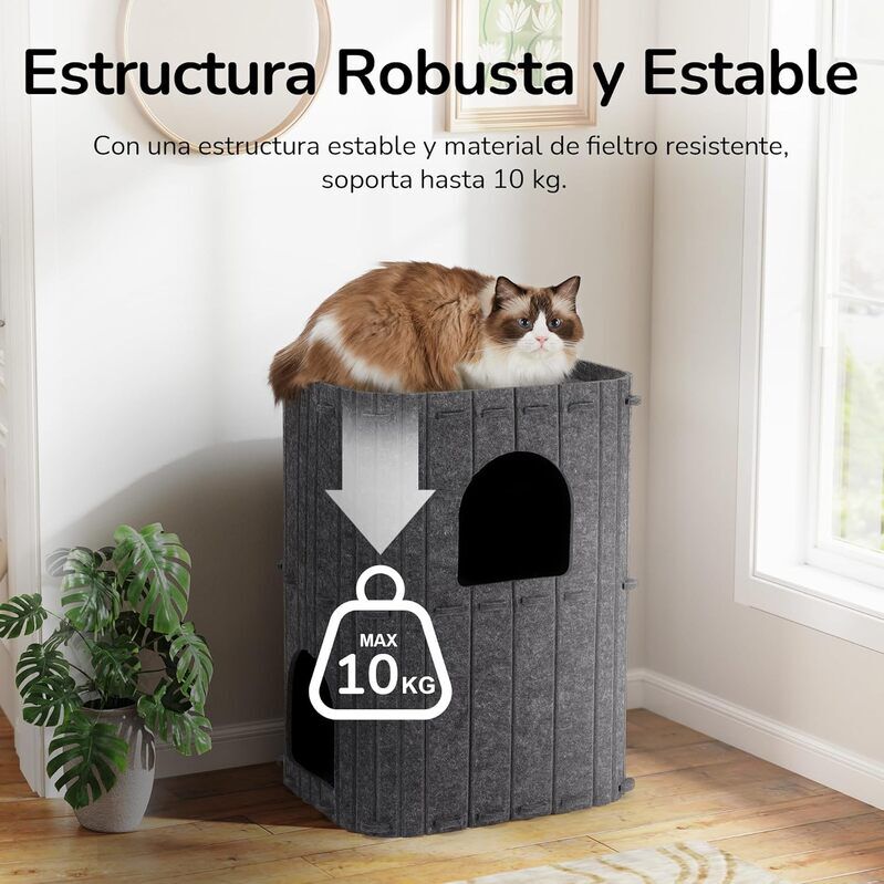 Fukumaru Cueva para Gatos de 2 Pisos Color Gris | Casa para Gatos Multinivel para Varios Gatos, Lana Natural, Dise&ntilde;o Moderno para Hogar, Estable, Plegable y F&aacute;cil de Limpiar, , large Imagen numero 5