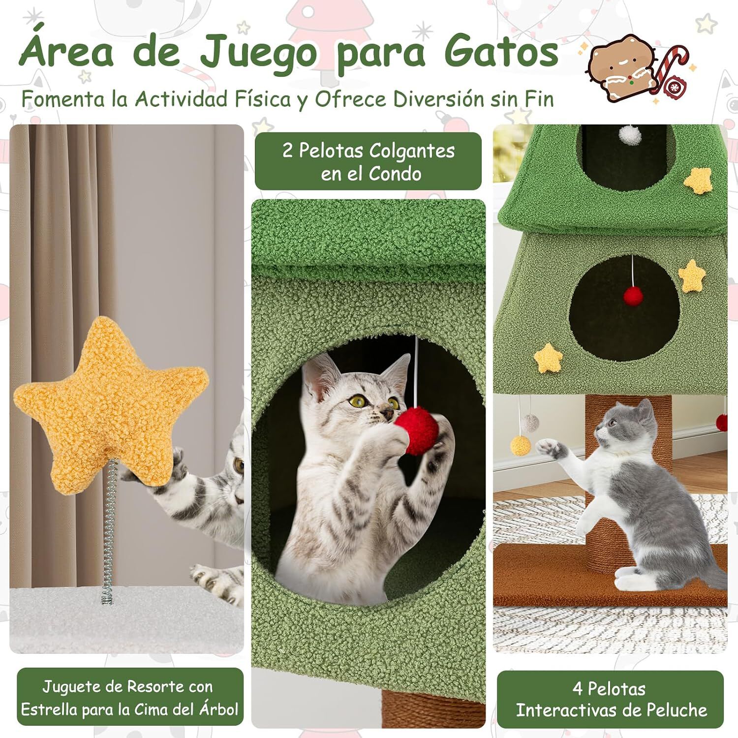 COSTWAY &Aacute;rbol de Navidad para Gatos, 162 cm Torre para Gatos Navide&ntilde;o con 3 Condominios, Rascador de Sisal, Bolas Colgantes, Adorno de Estrella, Funda de Felpa Teddy Extra&iacute;ble, &Aacute;rbol Rascador Gato, , large Imagen numero 4
