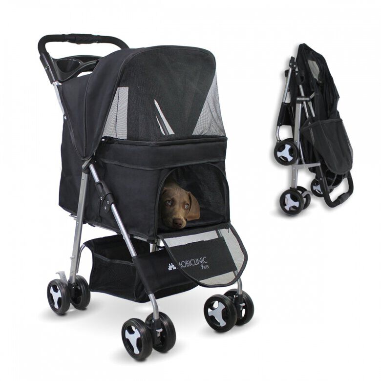 Mobiclinic Carrito para perros Ruedas con freno y 360&ordm; 3 accesos Con toldo Cesta almacenaje y portavasos Negro, , large Imagen numero 1