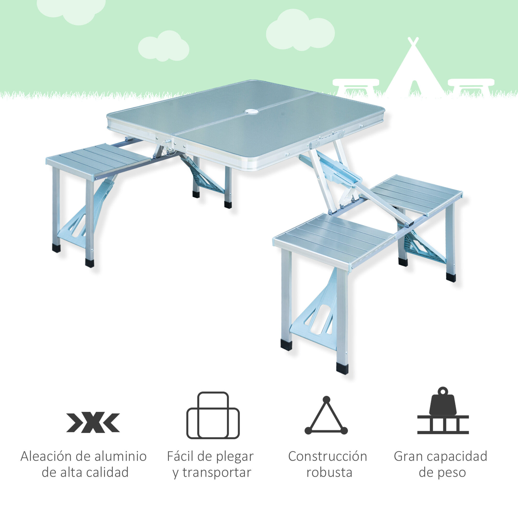 Outsunny Mesa Maleta de Camping Plegable Port&aacute;til con 4 Asientos y Agujero para Sombrilla, , large Imagen numero 5