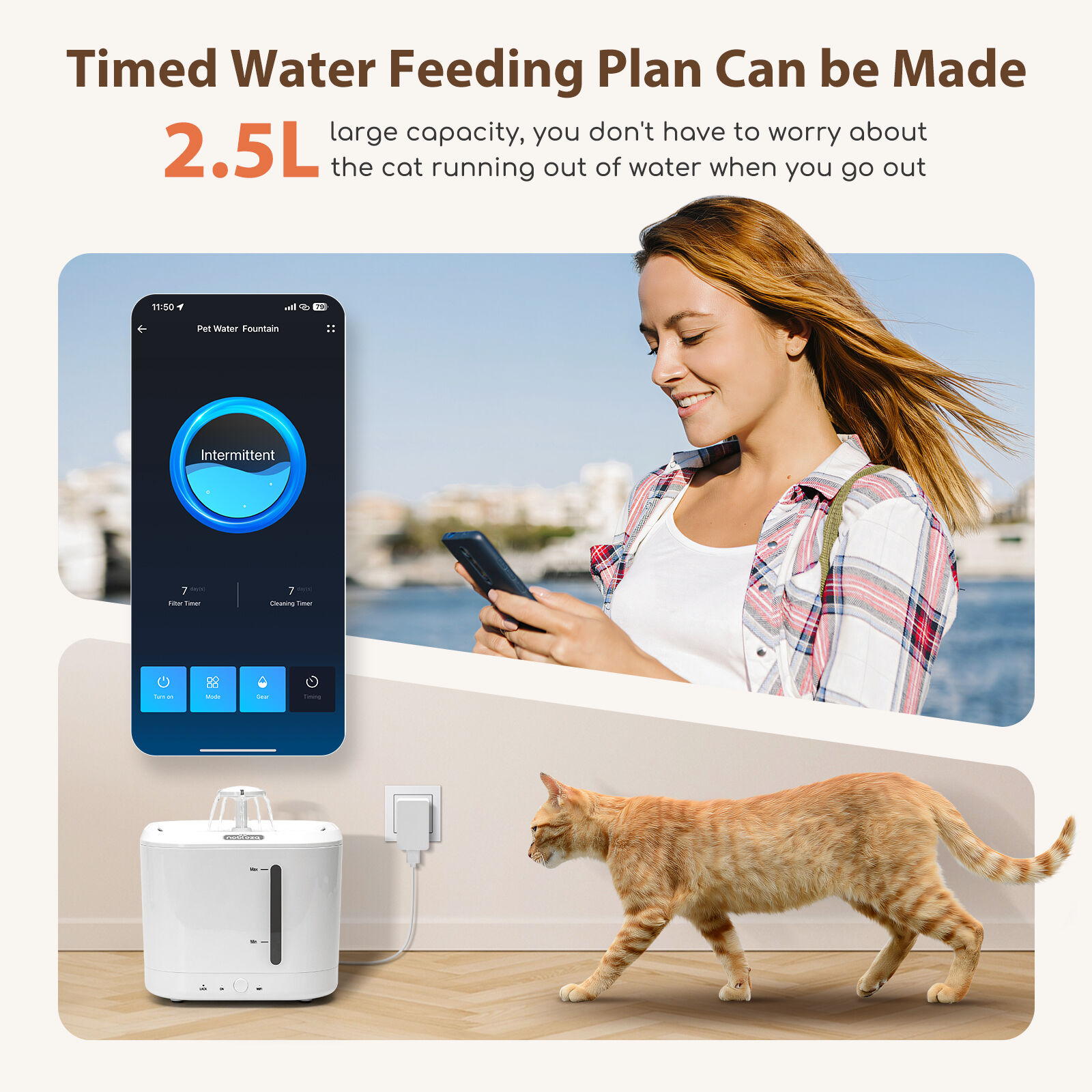 Nobleza - 2L Bomba de Agua Inal&aacute;mbrica Autom&aacute;tica Fuente Inteligente para Gatos y Perros, con Temporizador y Control Remoto de la aplicaci&oacute;n, Fuente de Agua para Gatos con Triple Filtraci&oacute;n, Blanco, , large Imagen numero 2