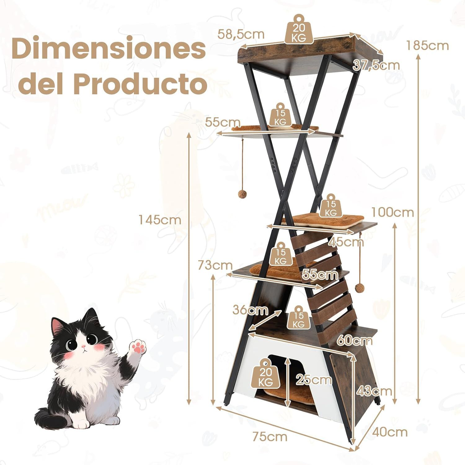 COSTWAY &Aacute;rbol Rascador para Gatos de 185 cm, Torre Gatos con 4 Plataformas, 4 Cojines de Peluche, Cueva, Alfombra Rascadora, Bandas El&aacute;sticas, Bolas Colgantes, Casa Gato, Castillo para Gato, Marr&oacute;n, , large Imagen numero 3