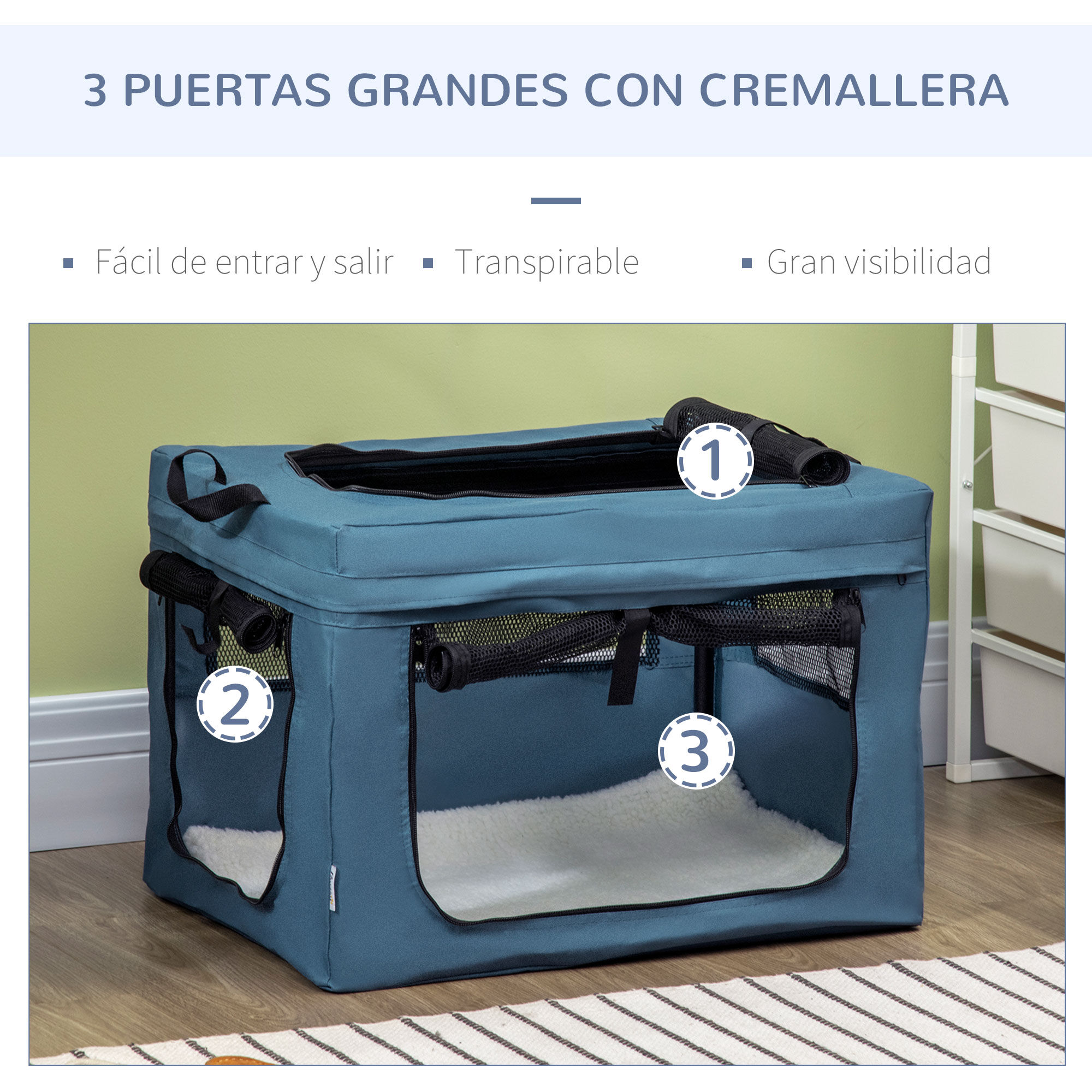 PawHut Transport&iacute;n Mochila para Perros y Gatos Bolsa Port&aacute;til y Plegable para Mascotas Transportador para Perros con 3 Puertas y Coj&iacute;n Suave 69x51x51 cm Azul, , large Imagen numero 9