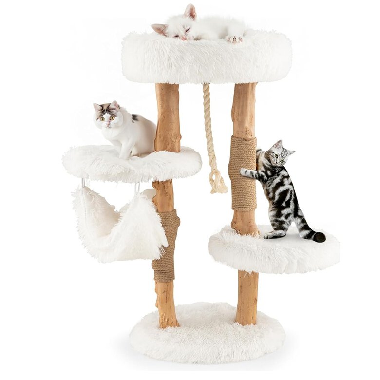 COSTWAY 87cm Árbol de Madera Maciza para Gatos, Torre para Gatos con Postes de Sisal de Yute, Plataformas, Hamaca, Cuerda de Sisal Colgante, Centro de Actividades de 3 Niveles para Gatos