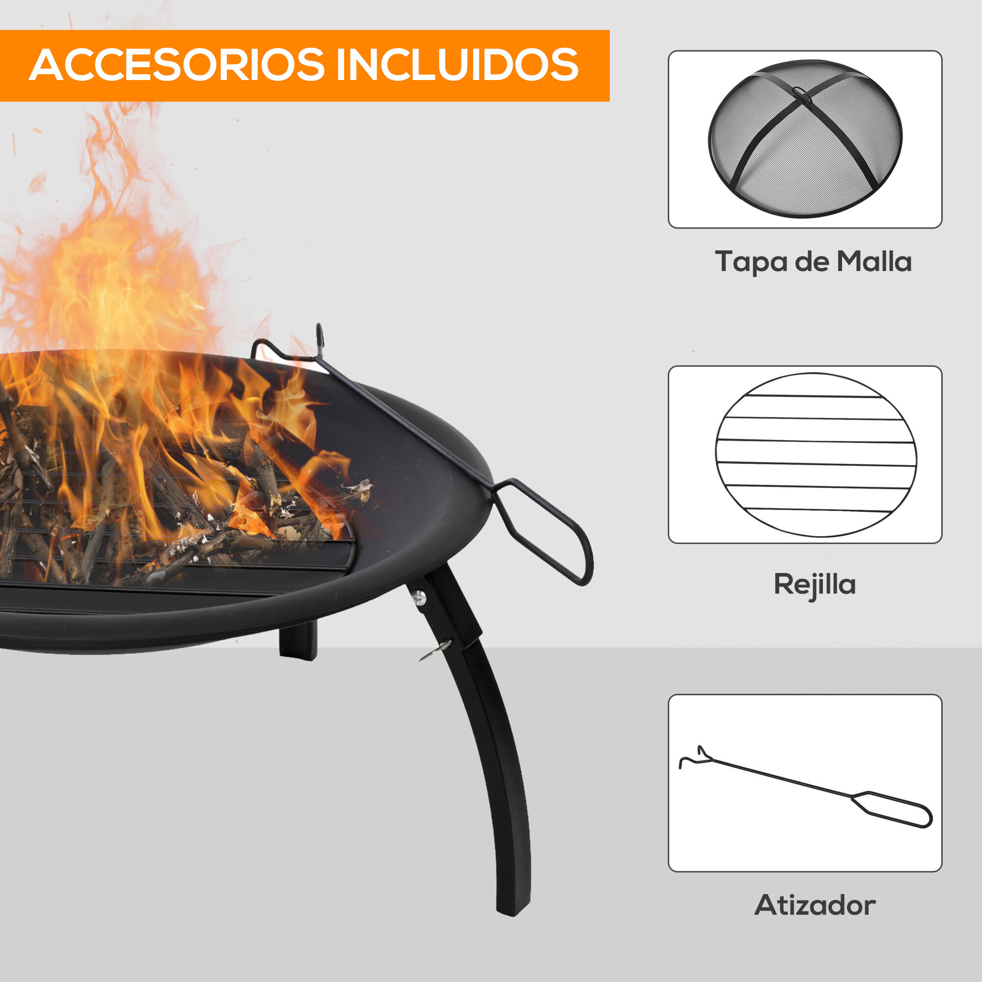 Outsunny Brasero Exterior &Oslash;55 cm Chimenea Hoguera Port&aacute;til para Calefacci&oacute;n Barbacoa Terraza Patio Camping Jard&iacute;n con Cubierta de Malla Atizador de Fuego Negro, , large Imagen numero 5