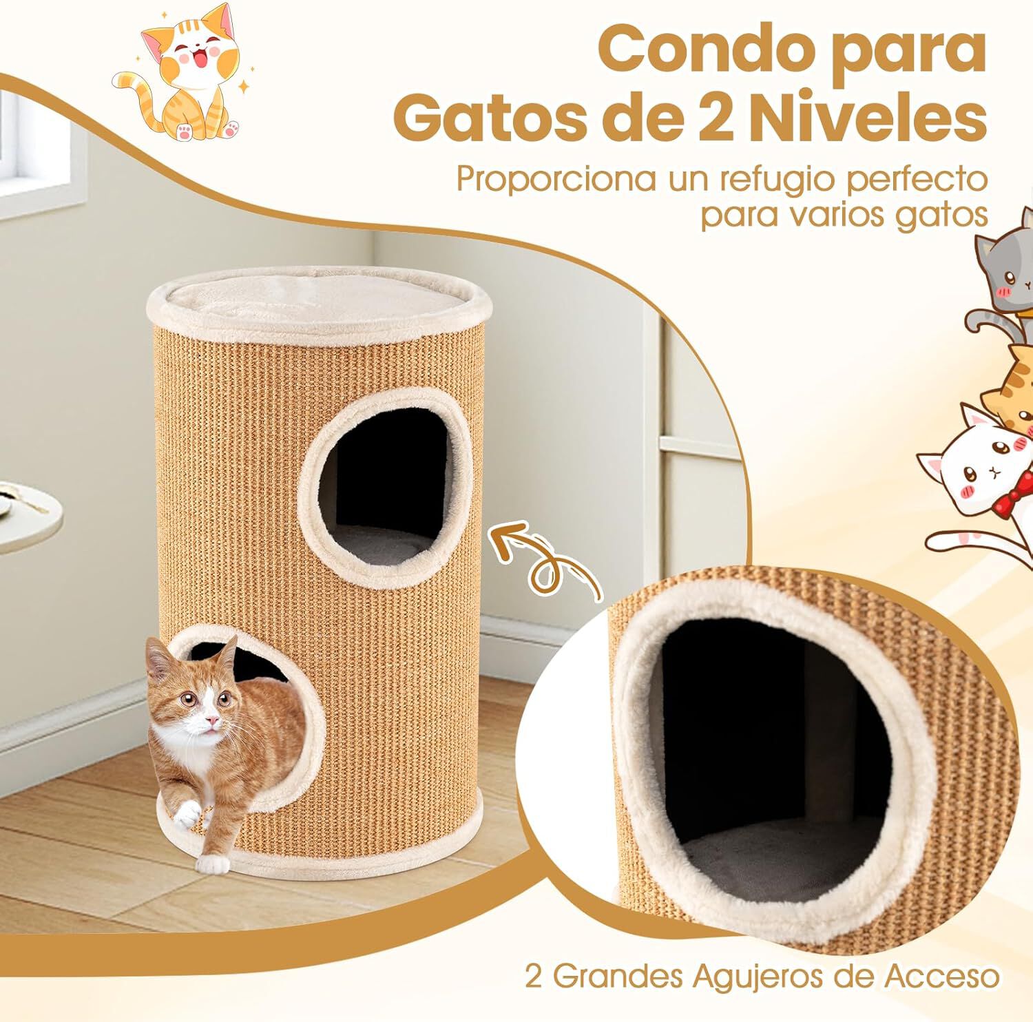 COSTWAY Barril Rascador para Gatos de 3 Niveles, 60 cm Torre Gato Rascador con Almohadilla para Rascar de Sisal, Cama Acolchada, Condominio para Gato Forma Barril, Ideal para Hogares con Varios Gatos, , large Imagen numero 4