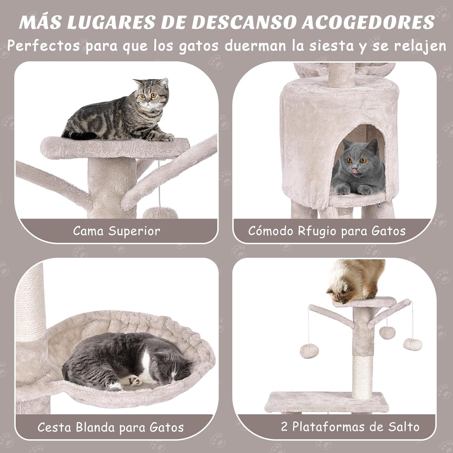 COSTWAY Árbol Rascado para Gatos de 140 cm de Altura, Torre Multinivel para Gatos con Postes de Sisal, Plataformas, Nido, Hamaca, Escalera y Bola, Centro de Actividades para Gatos de Interior, Beige thumbnail