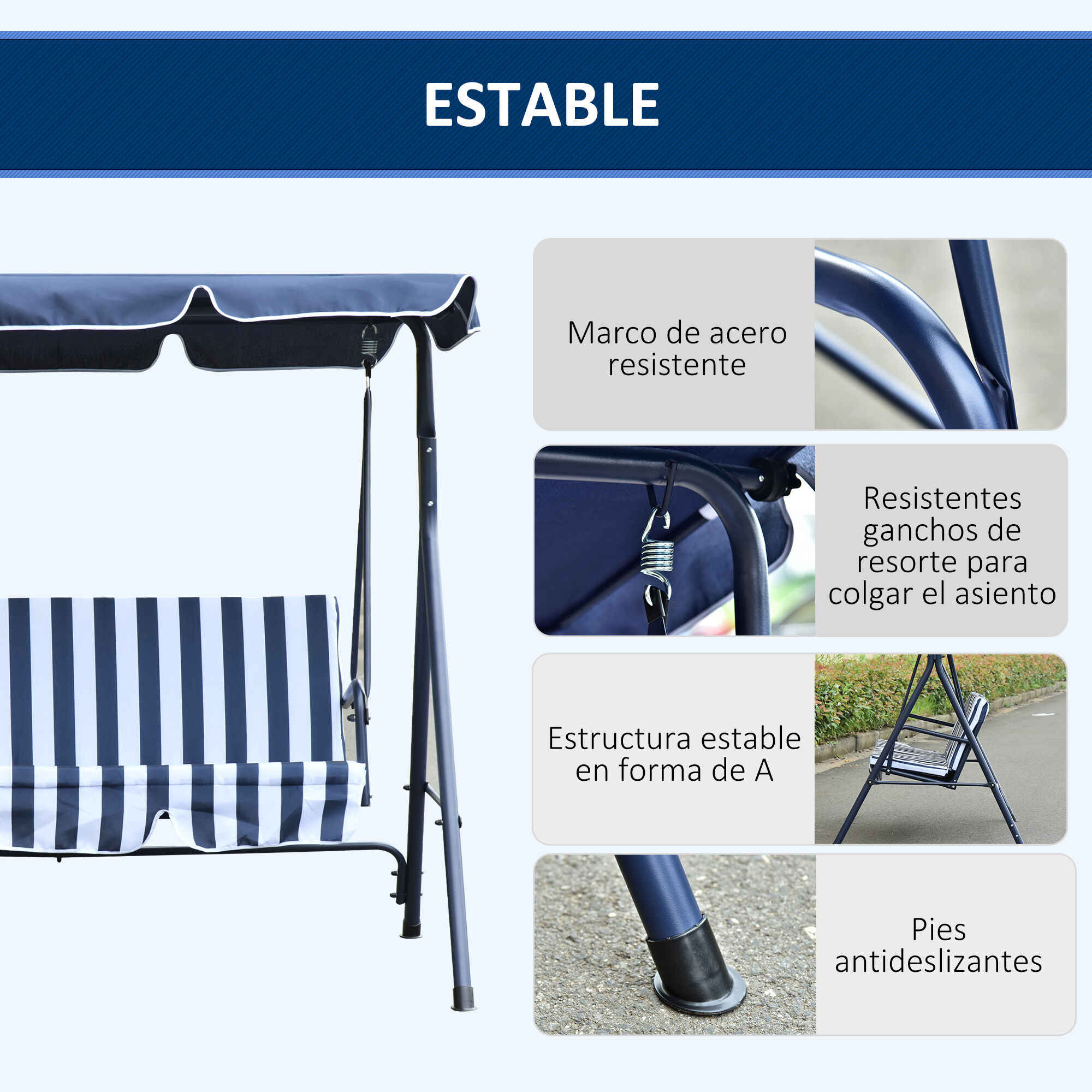 Outsunny Columpio Balanc&iacute;n de Jard&iacute;n Exterior de 3 Plazas con Coj&iacute;n Techo Ajustable y Marco de Metal para Balc&oacute;n Terraza Patio Carga M&aacute;x. 200 kg 172x110x153 cm Raya Azul, , large Imagen numero 5