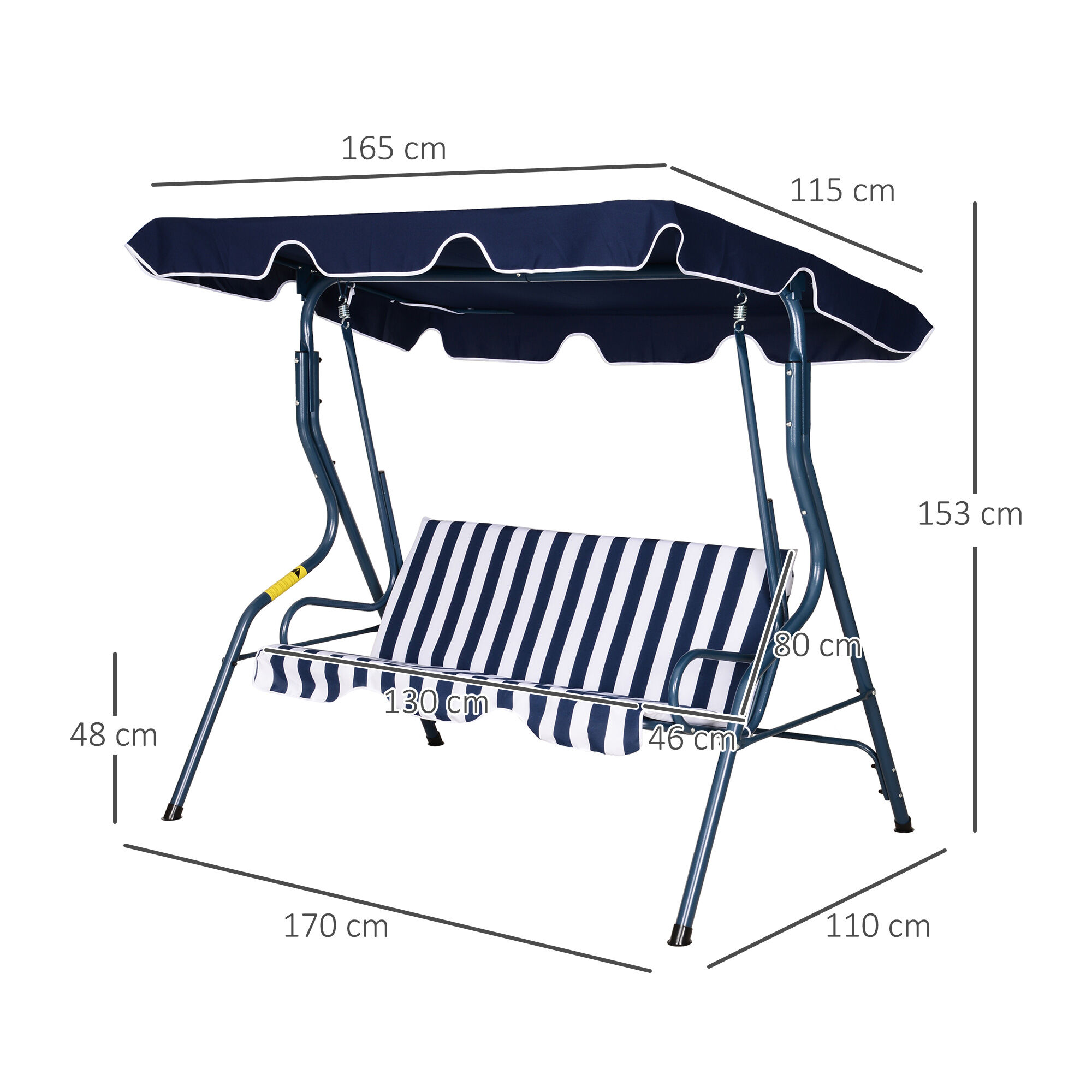 Outsunny Columpio Balanc&iacute;n de Jard&iacute;n Exterior 2-3 Plazas para Familias de Metal con Coj&iacute;n y Techo Ajustable para Balc&oacute;n Terraza Carga 200 kg 170x110x153 cm Raya Azul, , large Imagen numero 3