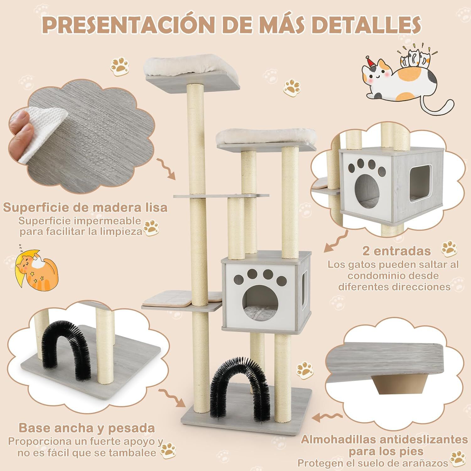COSTWAY Árbol para Gatos de Interior Moderno, Árbol para Gatos de 6 Niveles con 2 Perchas, Arco para Gatos Que los Cepilla Automáticamente, Torre de Madera para Gatos, Alfombrillas Lavables (Gris) thumbnail