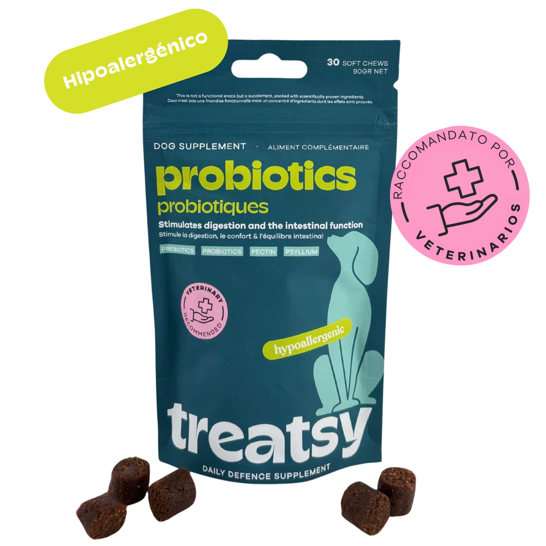 Treatsy Daily Defence Probi&oacute;ticos Perro &ndash; Complemento Digestivo Diario &ndash; Probi&oacute;ticos, Prebi&oacute;ticos FOS, Pectina y Psyllium &ndash; 30 Snacks &ndash; Hipoalerg&eacute;nico, , large Imagen numero 2