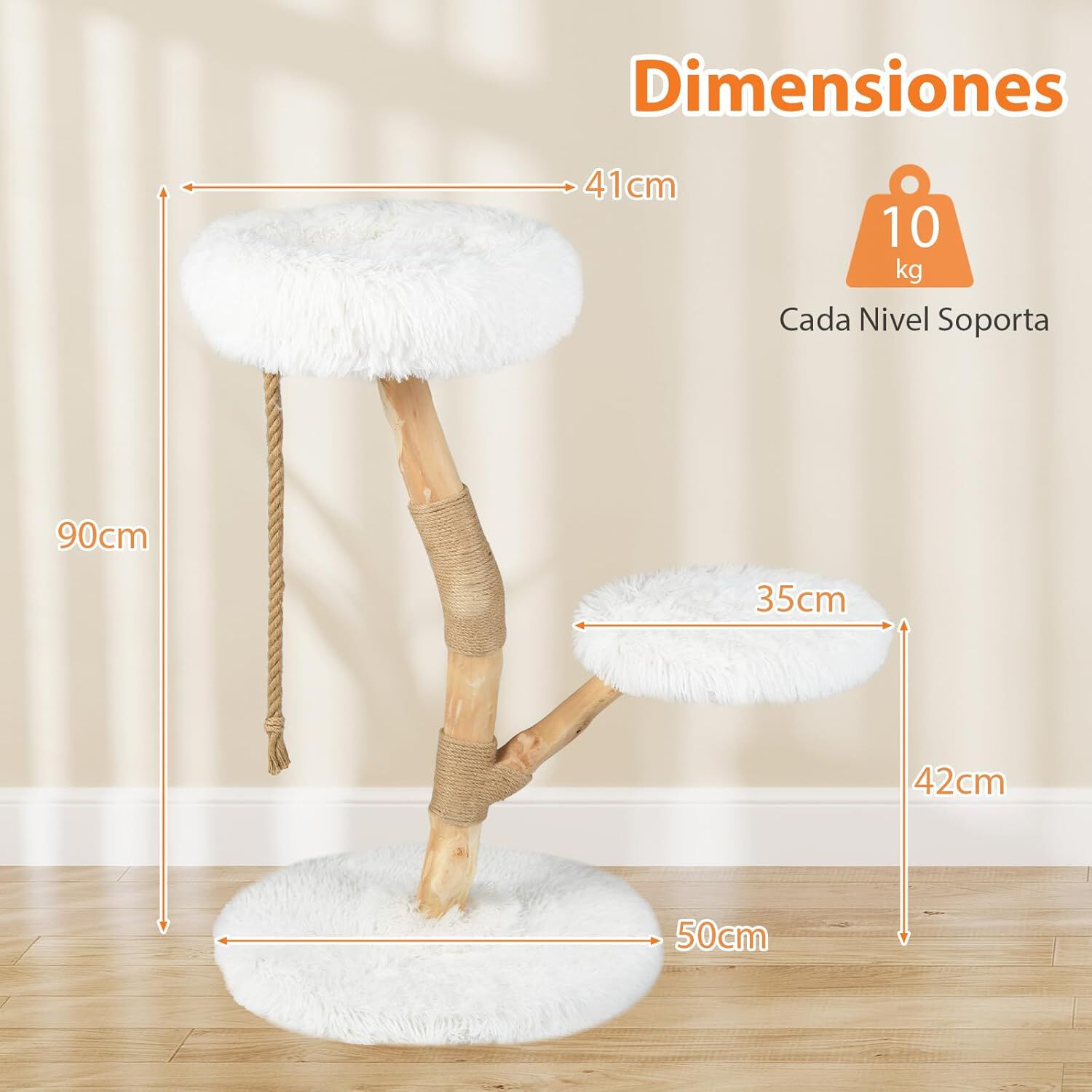 COSTWAY &Aacute;rbol Rascado para Gatos de 90cm, Torre Rascador con Plataformas, Cuerda de Yute y Postes de Sisal, Torre de Escalada para Gatos en Interior de Madera para Descansar, Jugar y Afilar (Blanco), , large Imagen numero 5