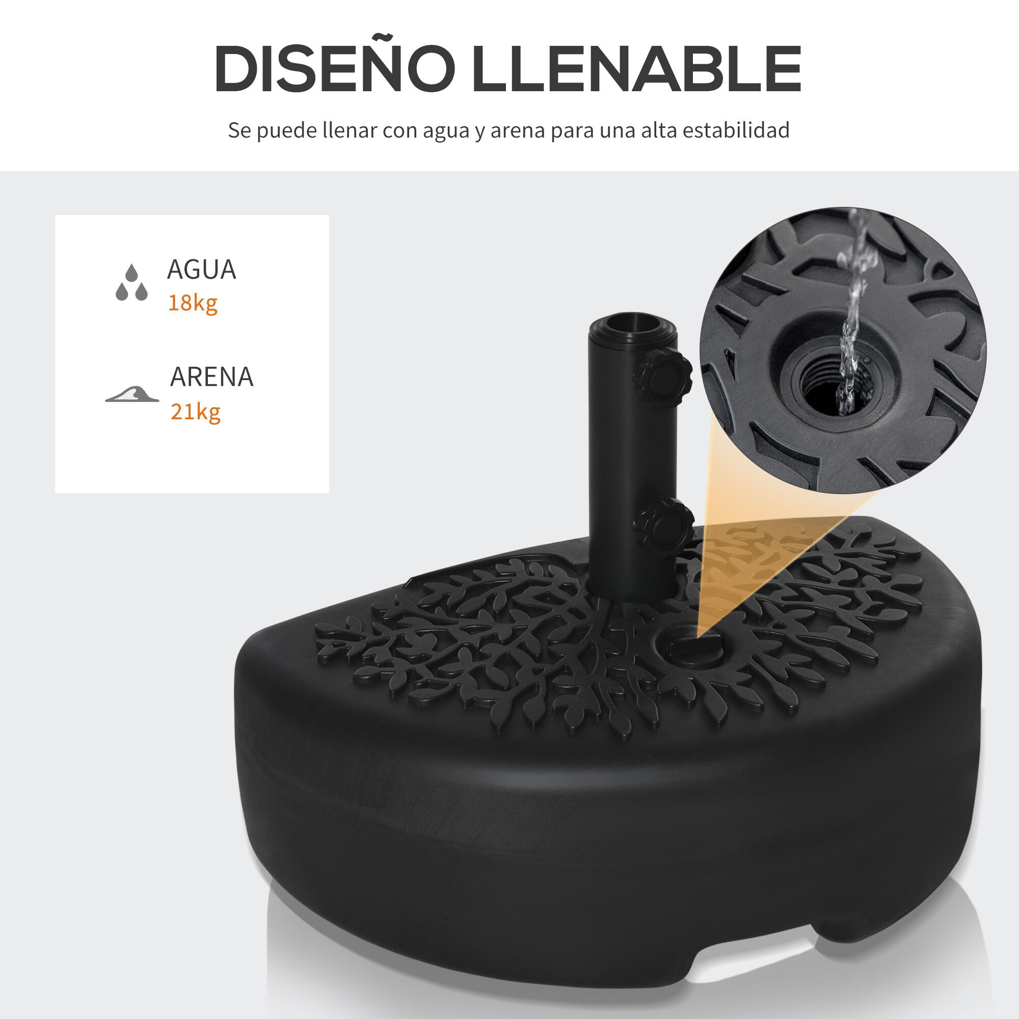Outsunny Base de Pared para Sombrilla &Oslash;38/48 mm Soporte Semicircular de Parasol Rellenable de Arena 21 kg o Agua 18 kg para Jard&iacute;n Patio Terraza Exterior 50x31x18 cm Negro, , large Imagen numero 5