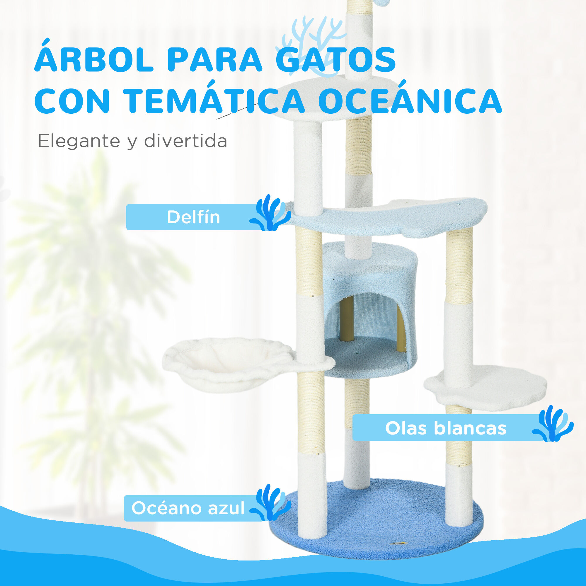 PawHut &Aacute;rbol Rascador para Gatos Grandes de 155 cm Torre para Gatos de Interior con Postes de Sisal Cueva Cama Hamaca y Bola de Juguete &Oslash;54,5x155 cm Blanco y Azul, , large Imagen numero 4