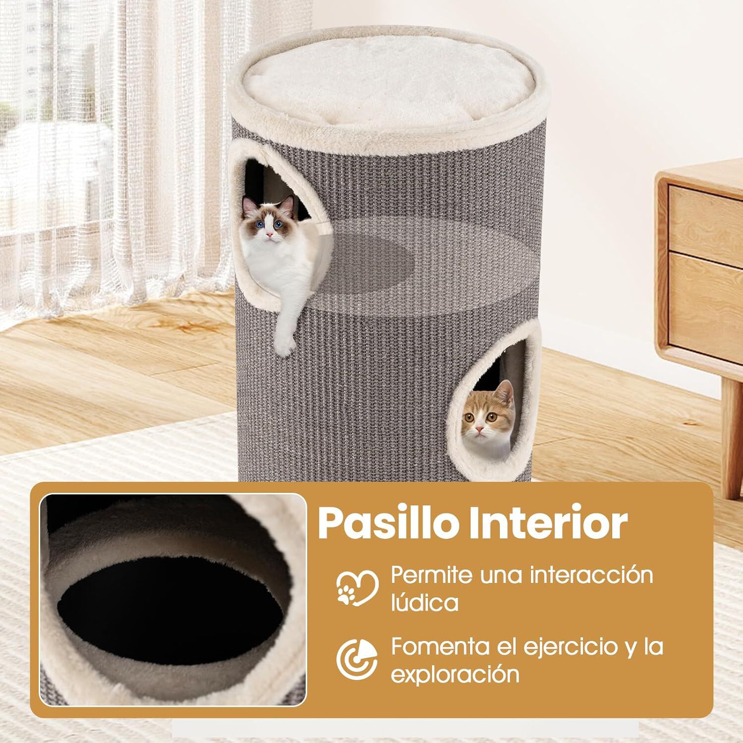 COSTWAY Barril Rascador para Gatos de 4 Niveles, 70 cm Torre Gato Rascador con Almohadilla para Rascar de Sisal, Cama Acolchada, Condominio para Gato Forma Barril, Ideal para Hogares con Varios Gatos, , large Imagen numero 3
