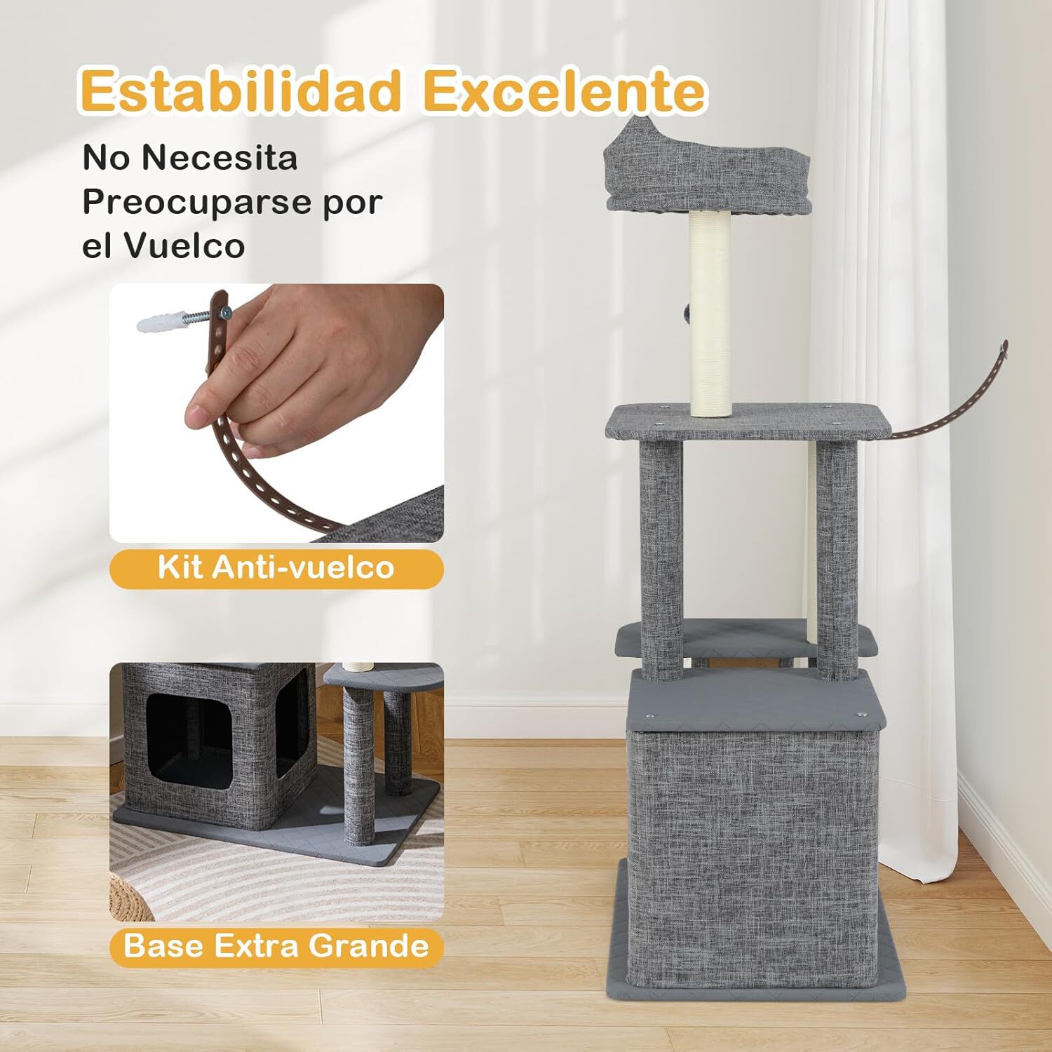 COSTWAY Rascador para Gatos, Arbol Rascador para Gatos de 3 Niveles con 2 Postes y Rampa Rascadores, Cama Superior, Pelota Colgante y Plataformas de Salto, Centro de Actividades de Gatos, , large Imagen numero 5