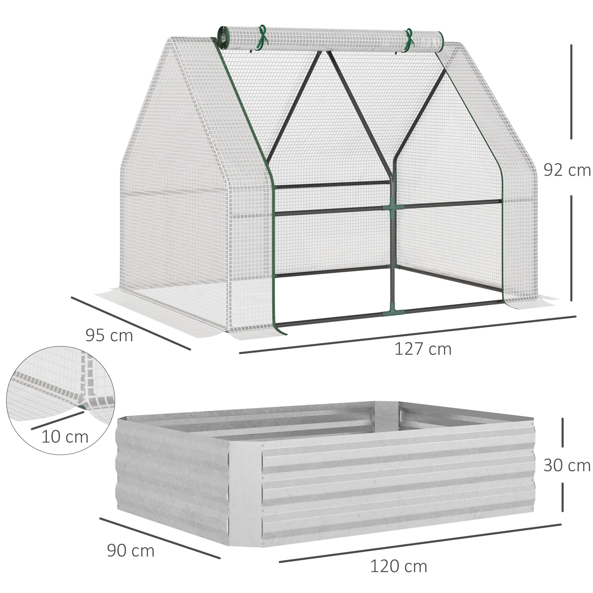 Outsunny Huerto Urbano con Invernadero Invernadero de Exterior 127x95x92 cm Tipo Caseta con Arriate de Acero Interior Ventana Enrollable y Cubierta de PE 140 g/m&sup2; para Cultivos Plantas Flores Blanco, , large Imagen numero 3