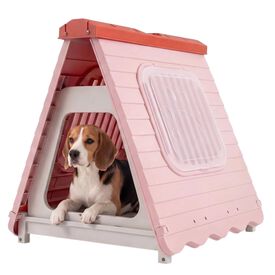 COSTWAY Caseta Perros para Exterior, Casa Plegable de Pl&aacute;stico para Perros con Puerta de Solapa Bloqueable, Ventanas, Base Elevada, Refugio Port&aacute;til Impermeable para Mascotas, 72 x 60 x 68 cm (Rosa)