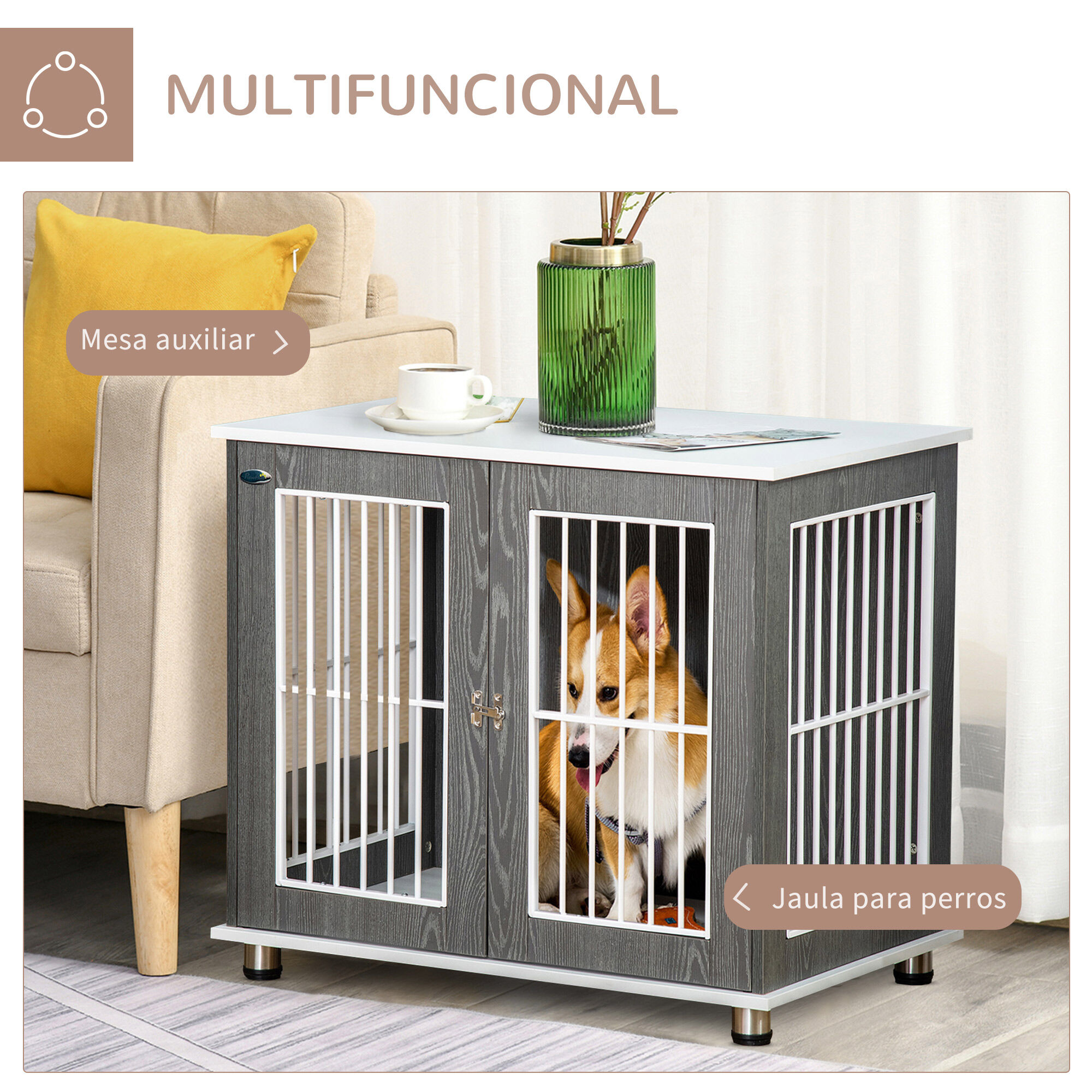 PawHut Jaula para Perros de Madera Mesa Auxiliar 85x55x75 cm con Tablero de Almacenaje 2 Puertas de Cerradura y Rejillas de Acero Mueble Perrera para Interiores Gris, , large Imagen numero 4